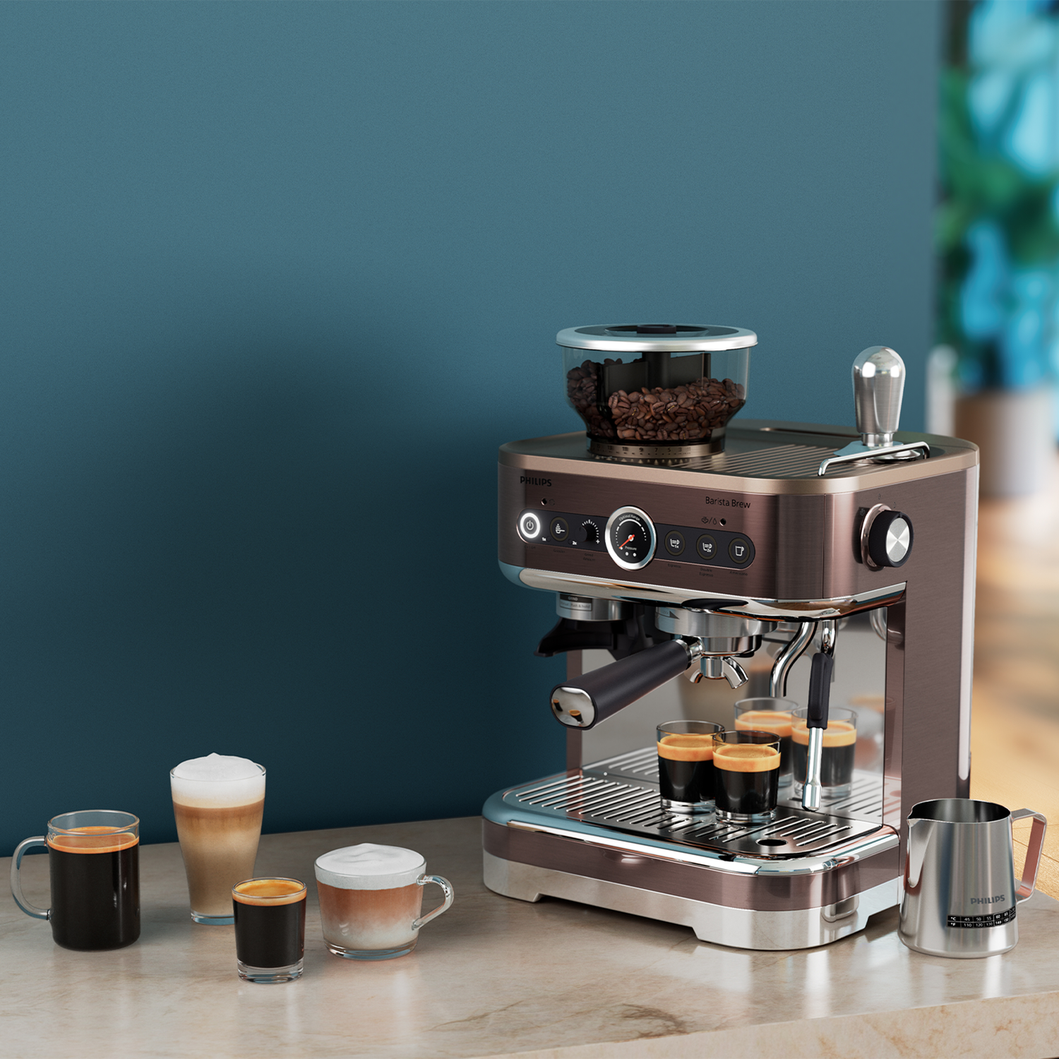Espresso machine with coffee cups, coffee beans, and a milk frothing pitcher.