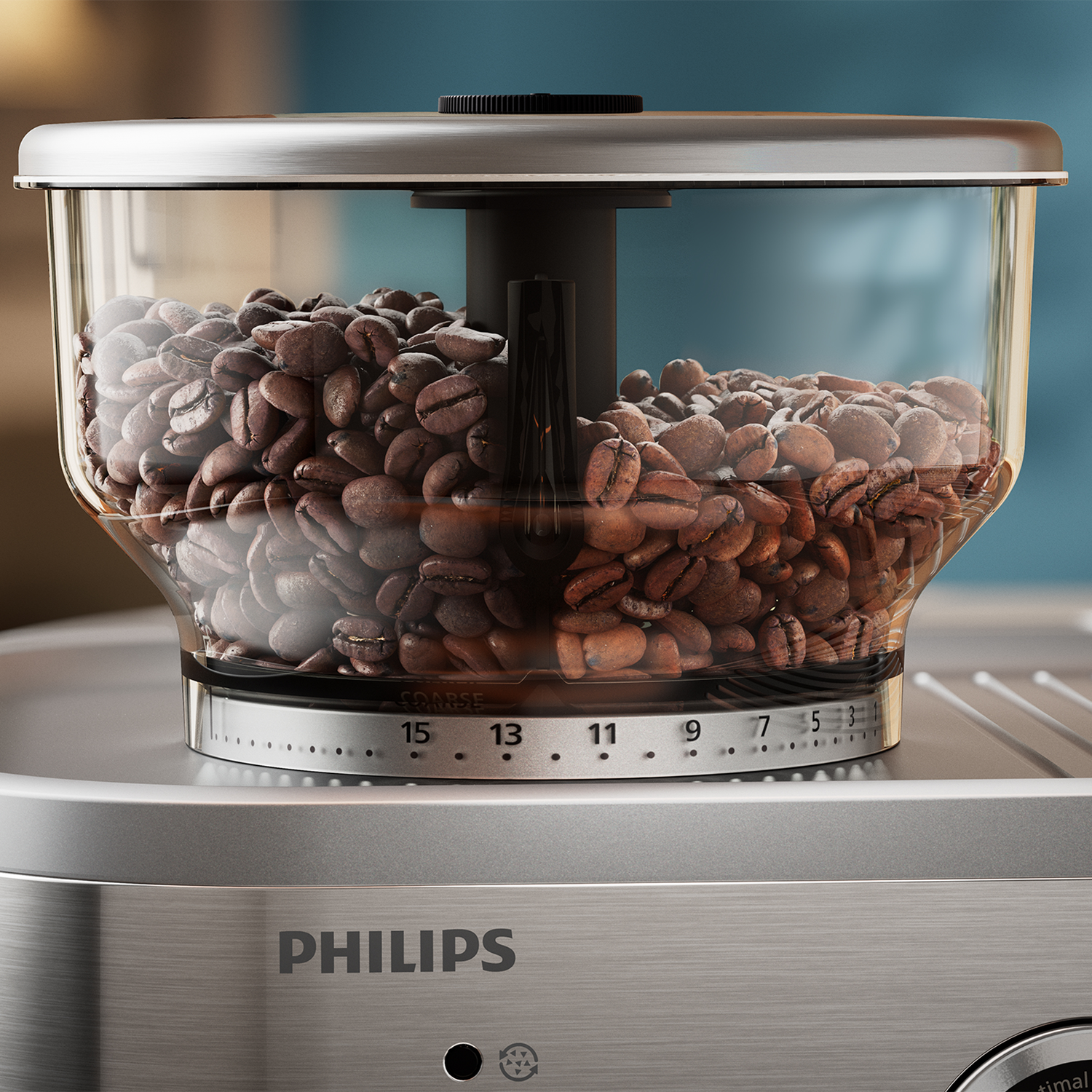 Close up of a coffee grinder filled with coffee beans and a dial.
