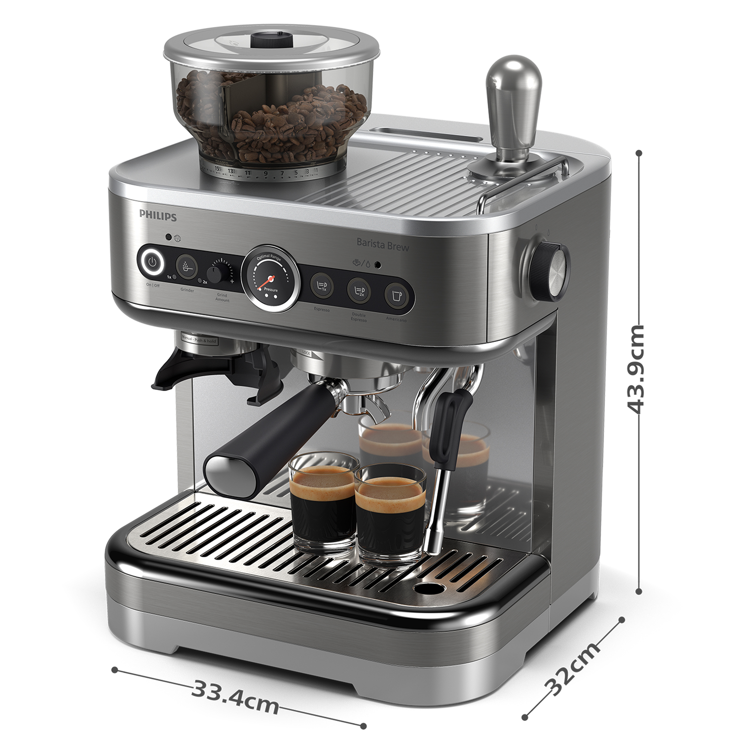 A stainless steel espresso machine with coffee bean container, two shot glasses filled.