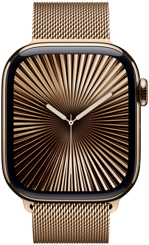 Une Apple Watch avec un bracelet doré et un cadran avec un design radial doré.