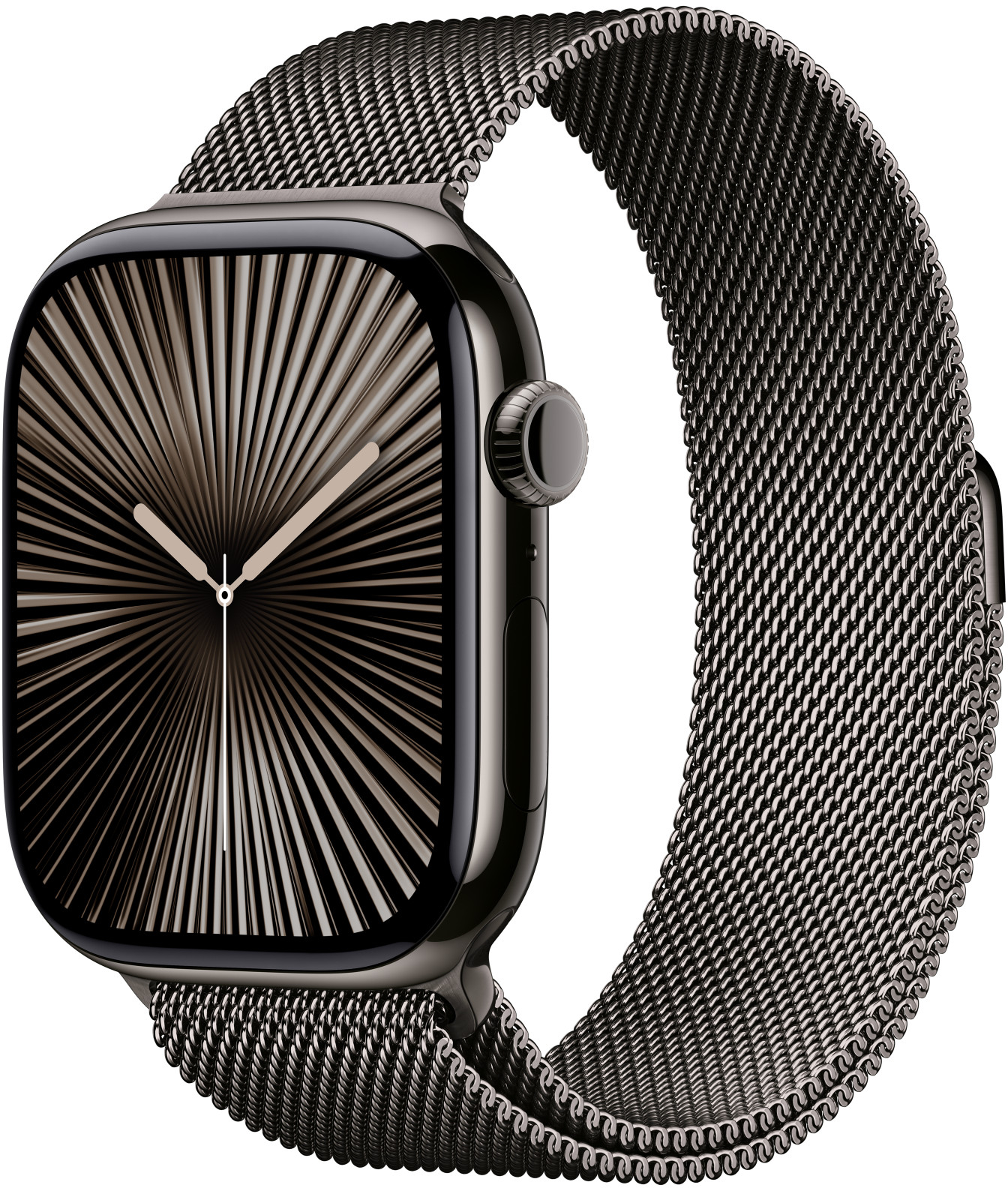 Apple Watch nera con cinturino metallico scuro.