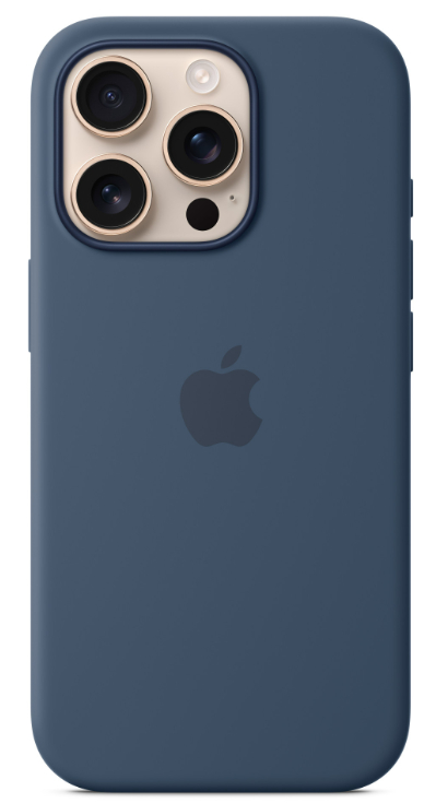 Tył niebieskiego iPhone'a w niebieskim etui. Widoczne obiektywy aparatu i logo Apple.