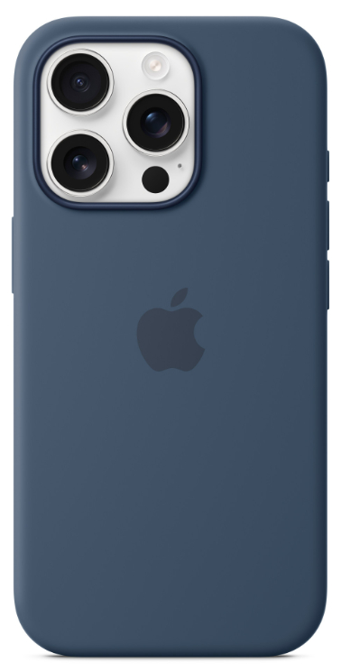 Ciemnoniebieskie etui na iPhone z logo Apple na białym tle.