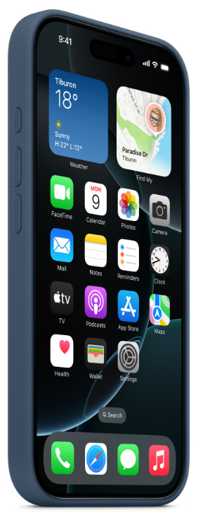 Niebieski iPhone w etui wyświetlającym aplikacje. Widoczna pogoda, kalendarz, zdjęcia i inne.