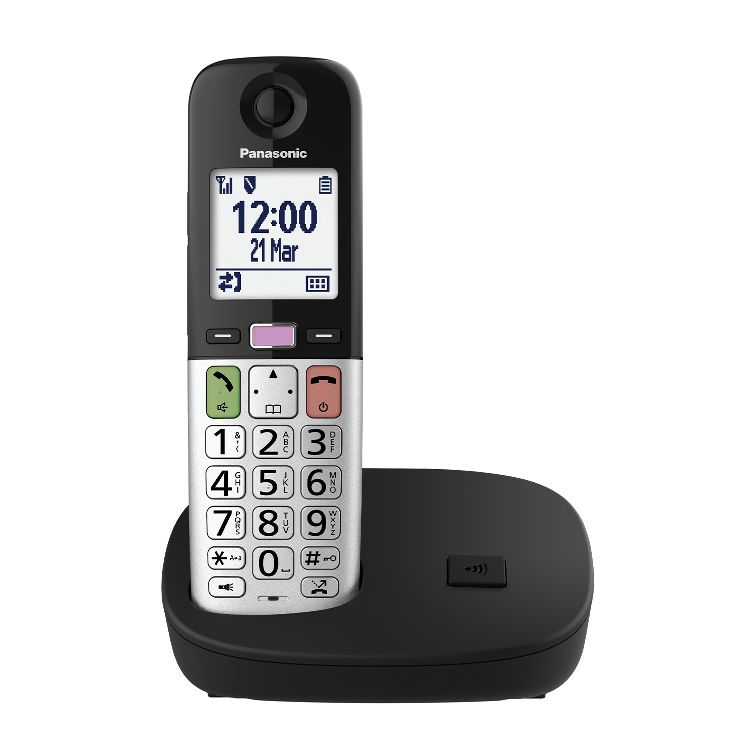 Telefono cordless Panasonic nero con display digitale che mostra ora e data. Sfondo bianco.