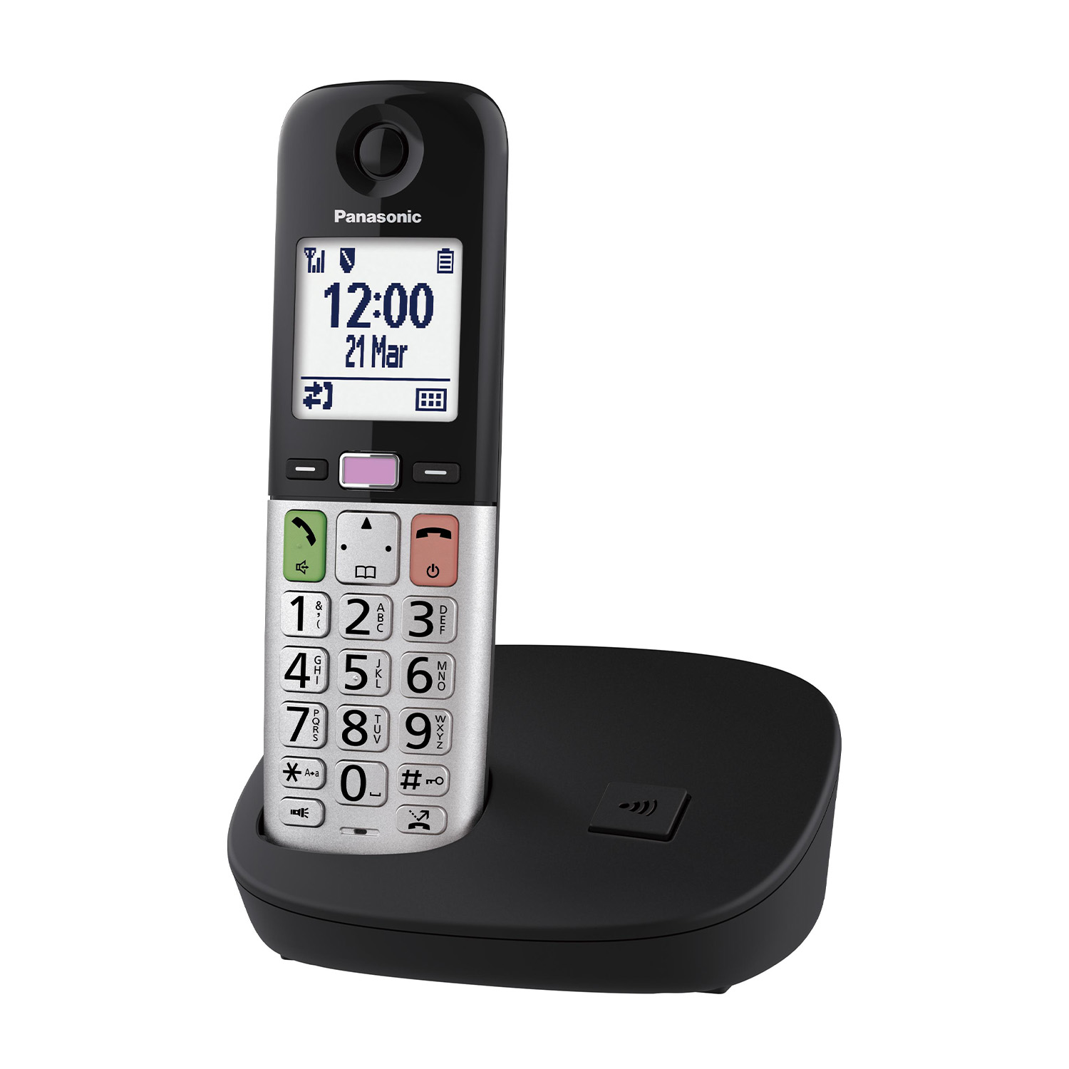 Un telefono cordless Panasonic nero. Lo schermo mostra l'ora e la data.