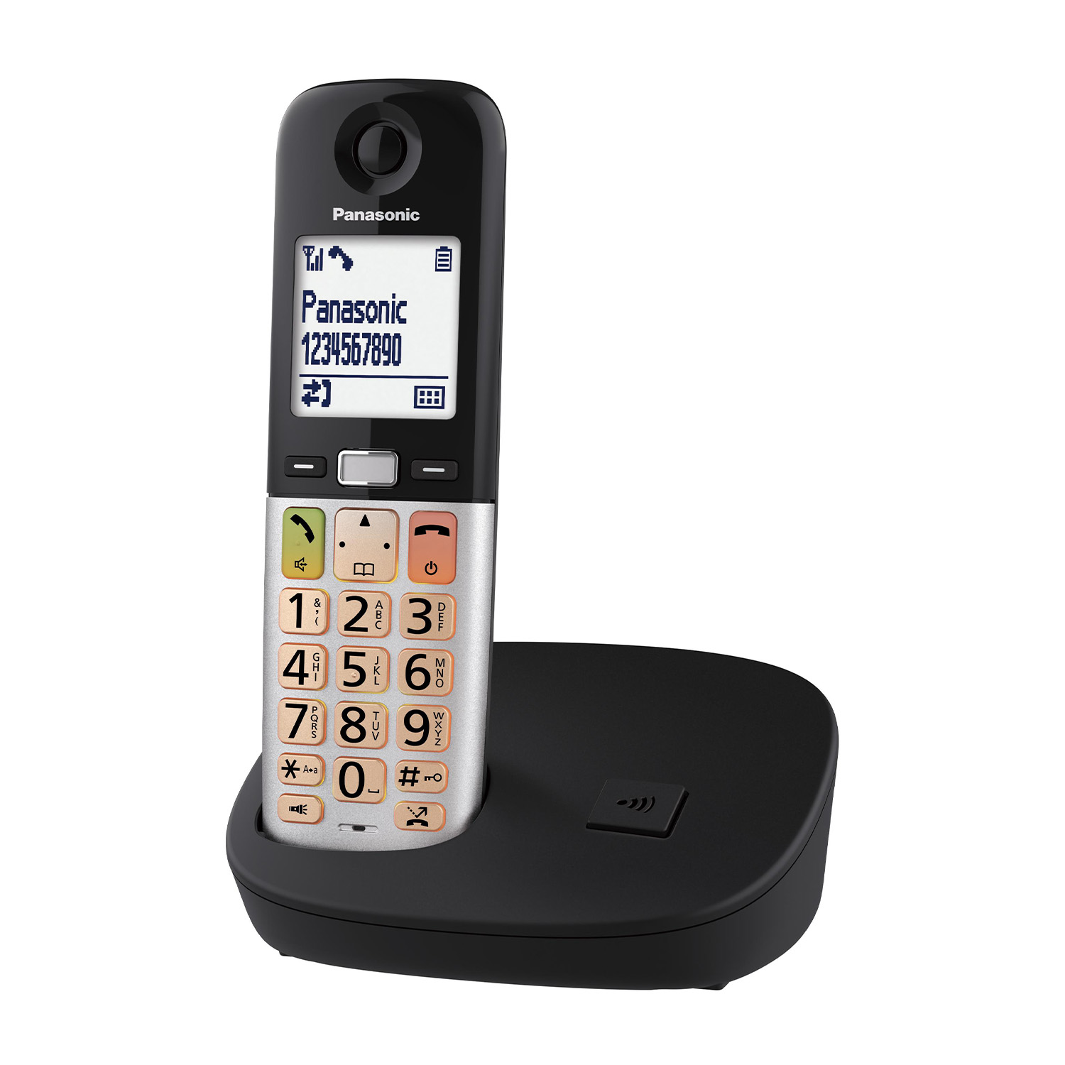 Telefono cordless Panasonic nero con base, che mostra i numeri sullo schermo.