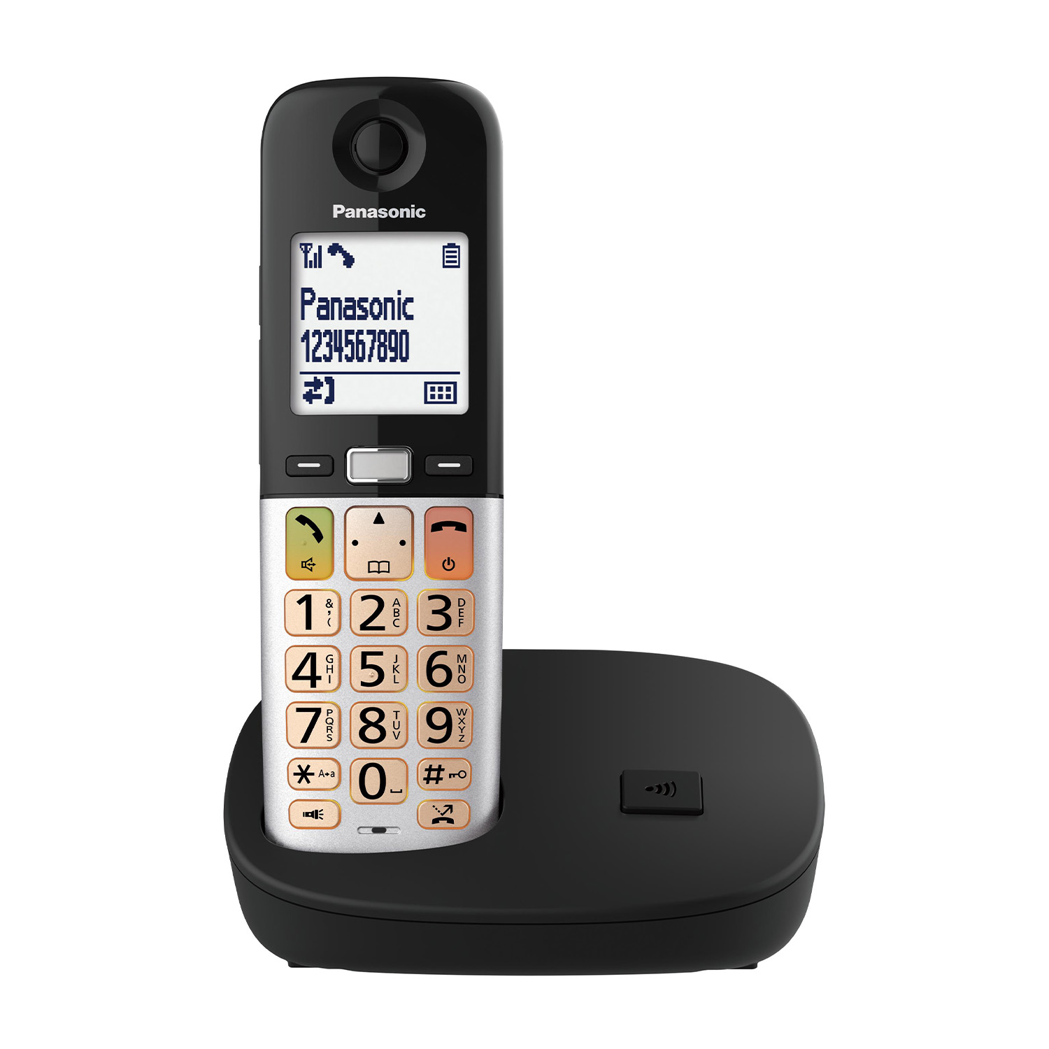 Un telefono cordless in bianco e nero su una base di ricarica. Ha uno schermo e tasti numerici.