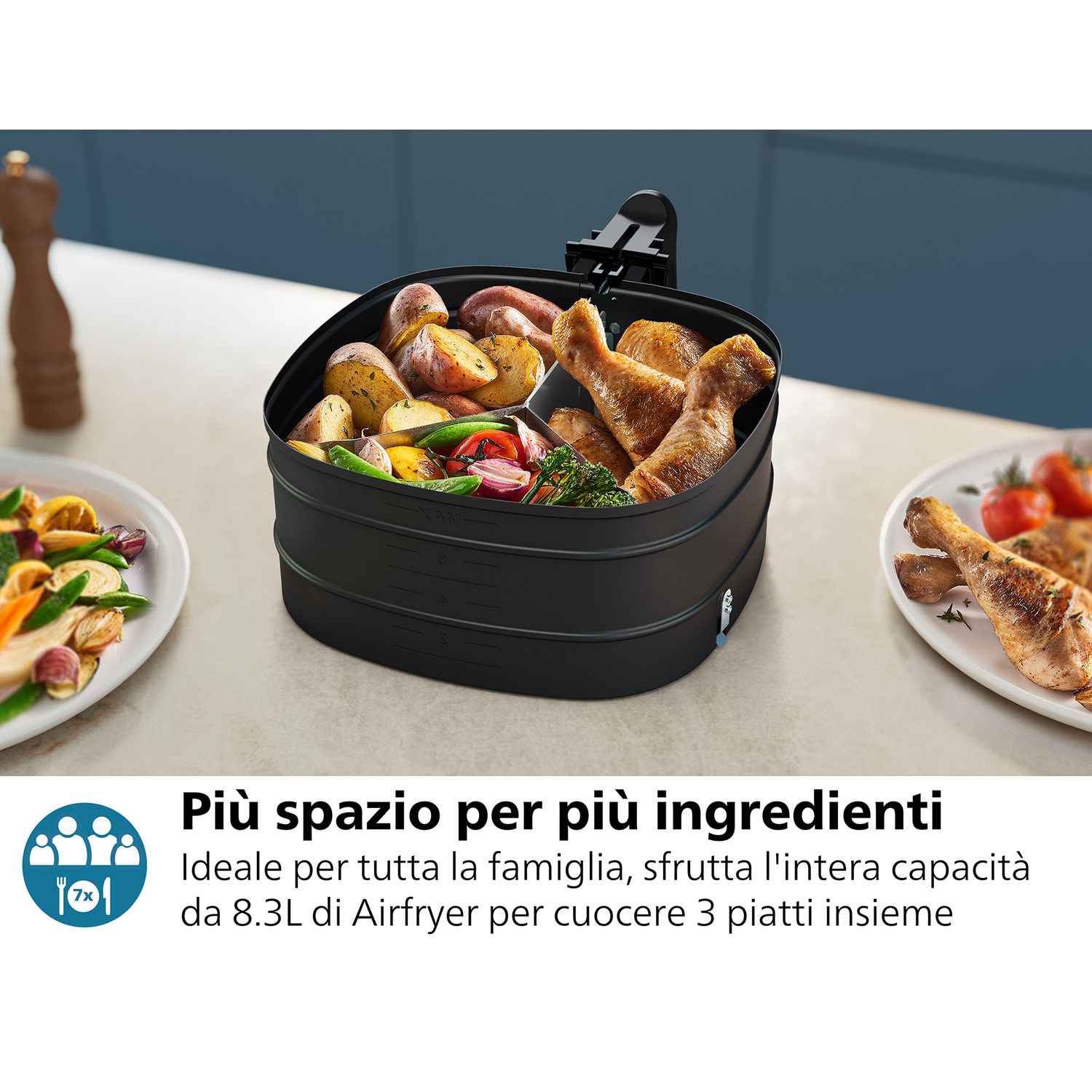 Friggitrice ad aria nera con cibo all'interno. Piatti con cibo su ogni lato.