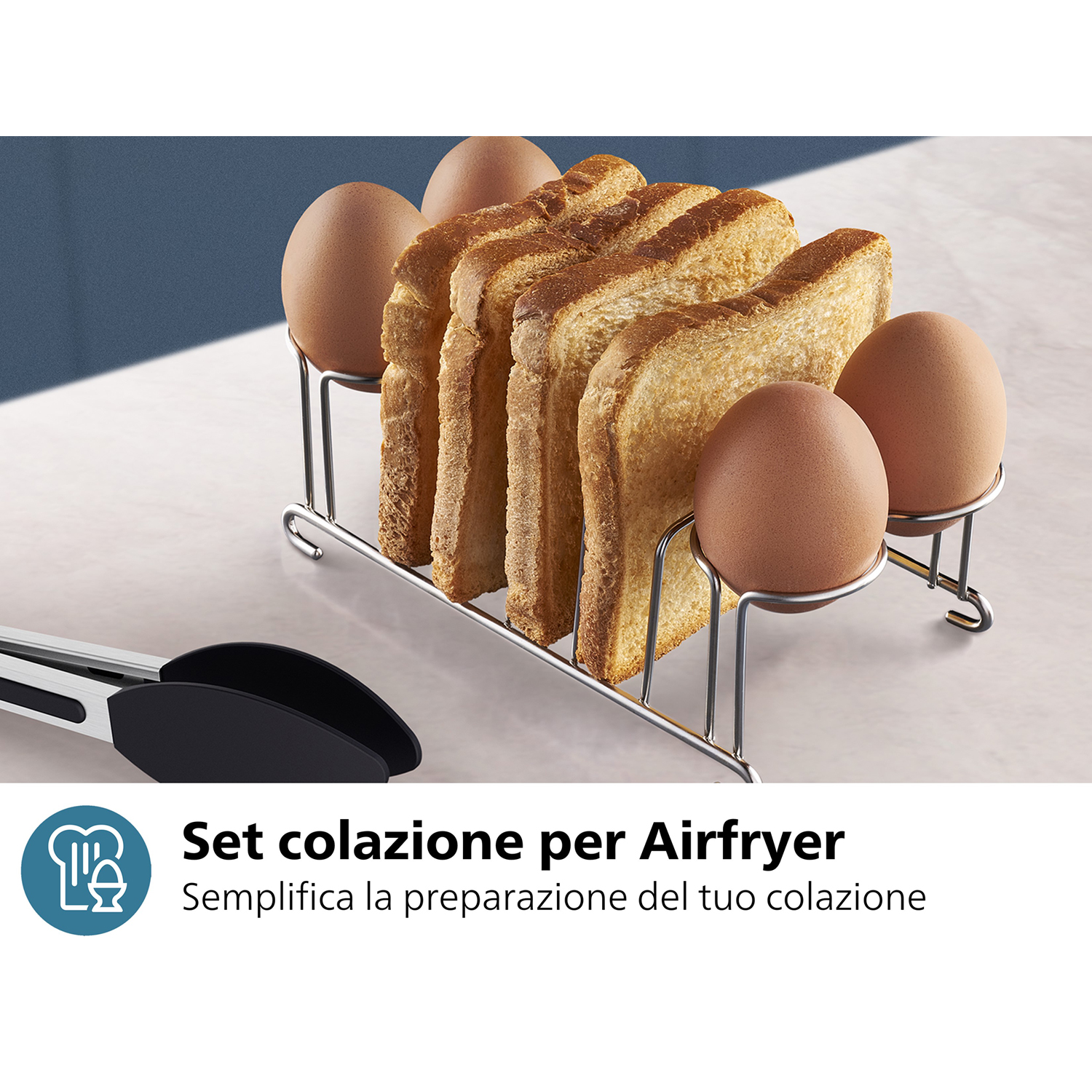 Un supporto in metallo con pane e uova. Il testo in basso è in italiano.