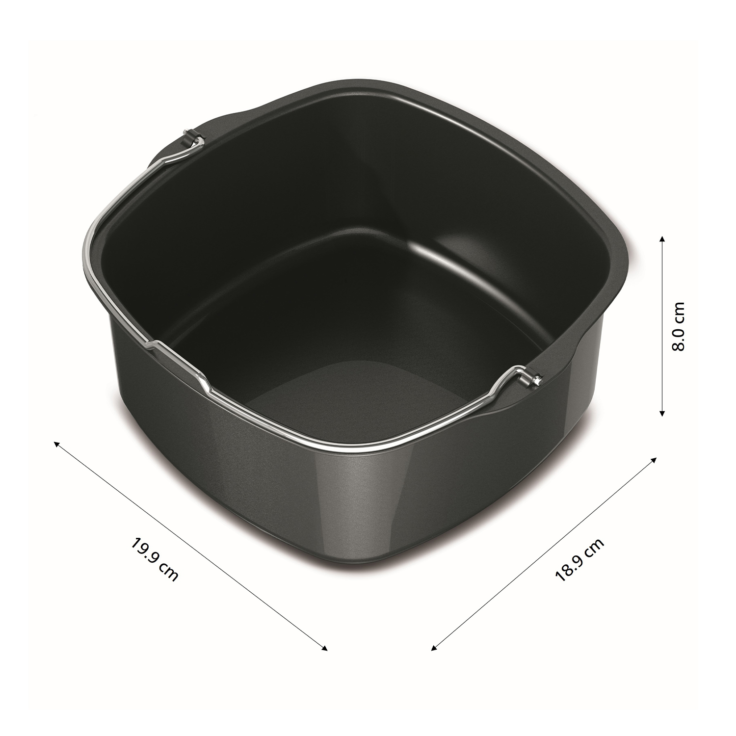 Cestello nero per friggitrice ad aria con dimensioni indicate: 19,9 cm, 18,9 cm e 8,0 cm.