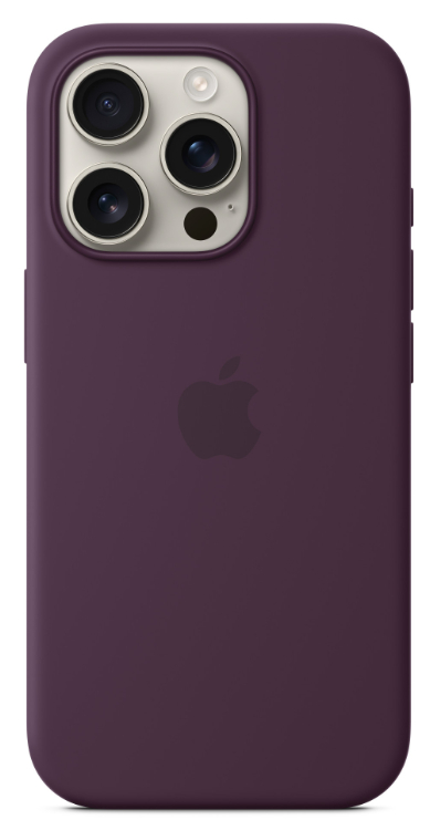 Tył fioletowego iPhone'a z trzema aparatami i logo Apple.