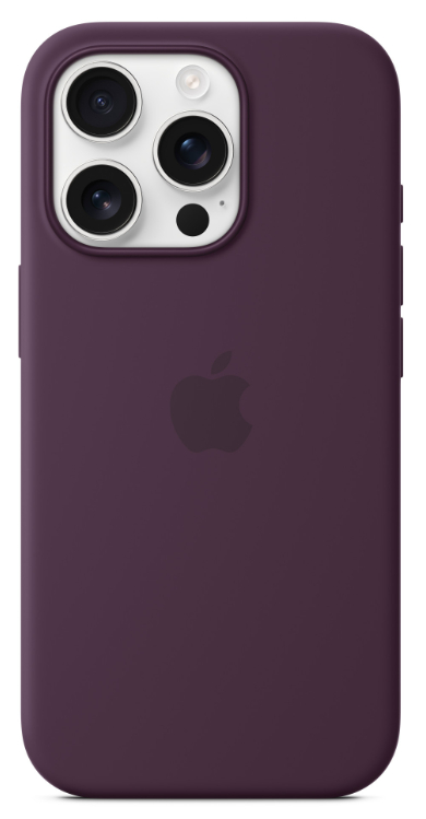 Fioletowe etui na iPhone'a. Logo Apple z tyłu. Etui jest gładkie i ma obiektywy aparatu.