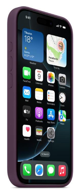 Fioletowy iPhone w etui, wyświetlający aplikacje na ekranie. Godzina to 9:41.