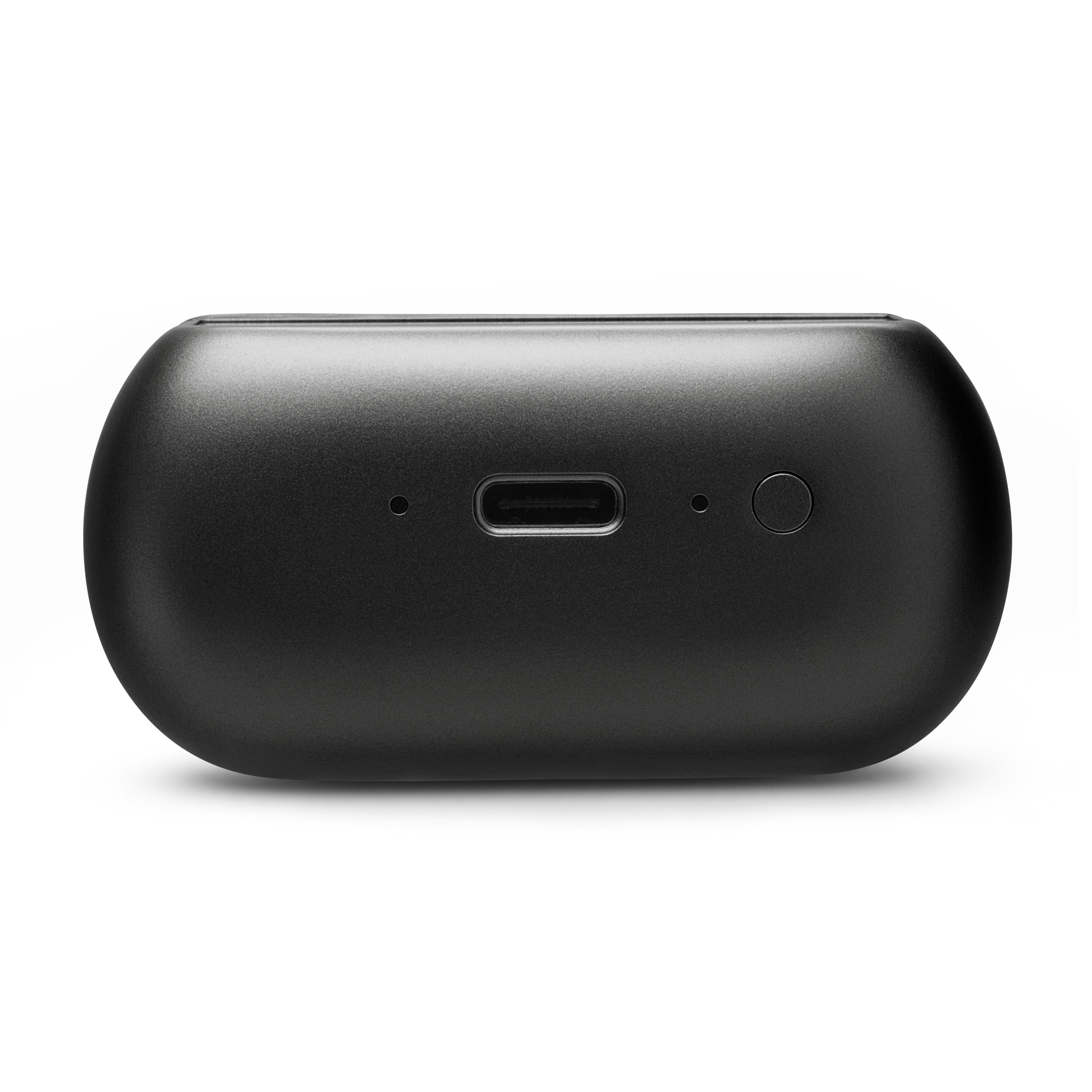 Ein schwarzes Ladecase mit USB-C-Anschluss und einem Knopf. Es hat eine rechteckige Form.