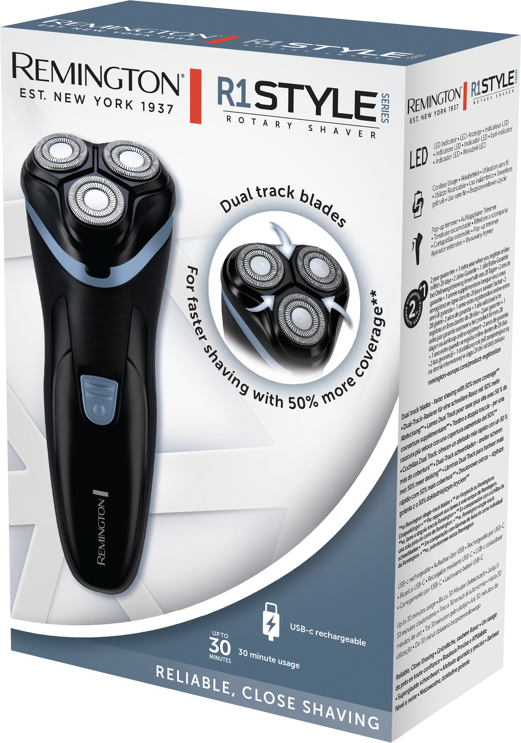 Remington R1 Style Rasierer in einer Box. Er hat drei Rotationsköpfe und einen blauen Akzent.