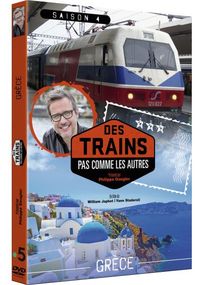 Couverture DVD de 'Des Trains pas comme les autres' en Grèce, avec un train et un homme dans un cercle.