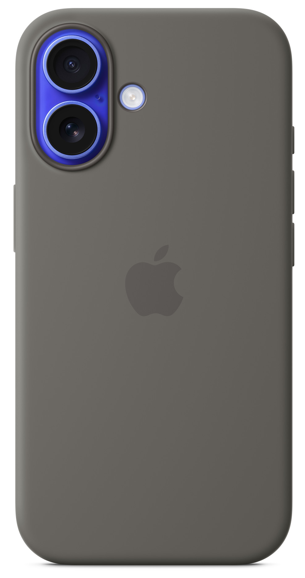 Szürke telefontok. Két kameraház kék körvonallal. Apple logó a közepén.