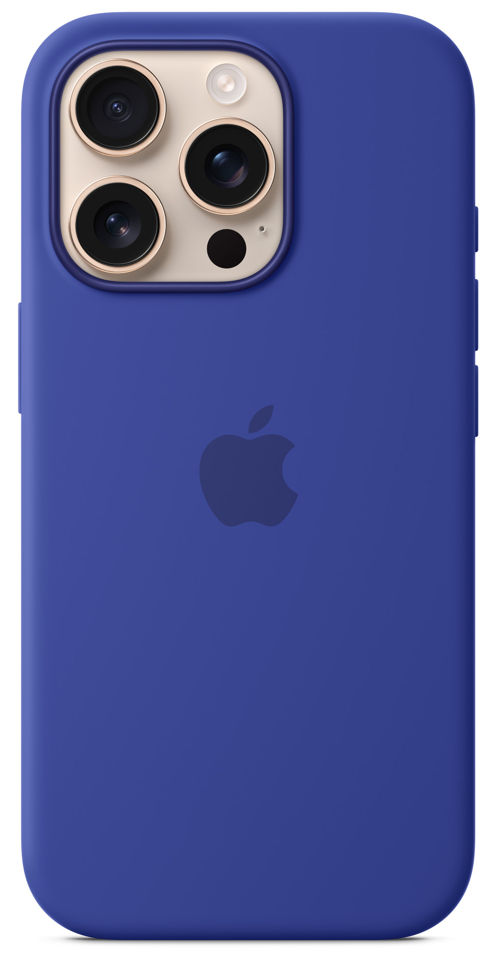 Kék telefontok kameratömbbel és Apple logóval. Egy telefon hátulja.