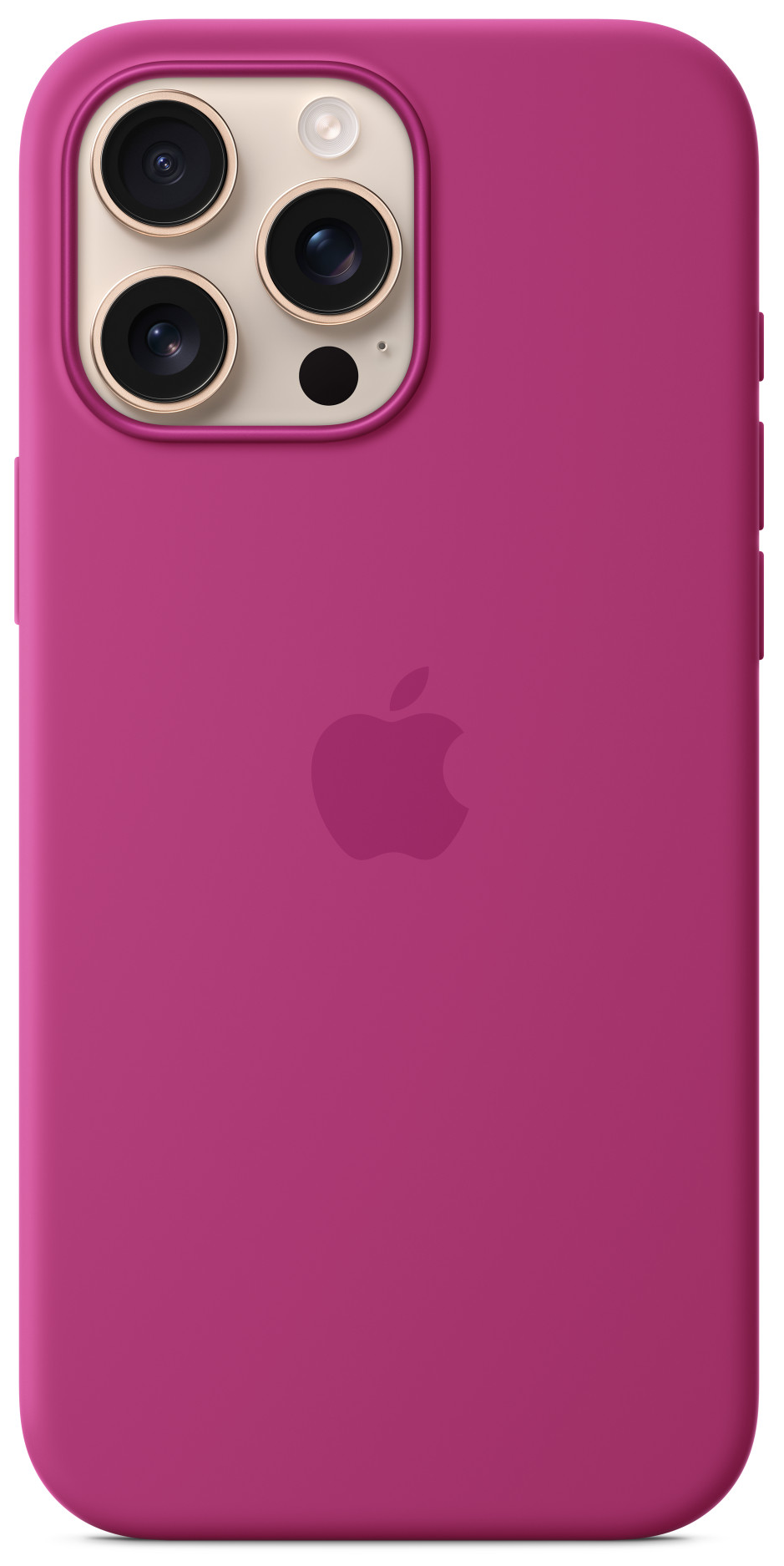 Egy rózsaszín telefontok három kamerával. Az Apple logója a tok közepén található.