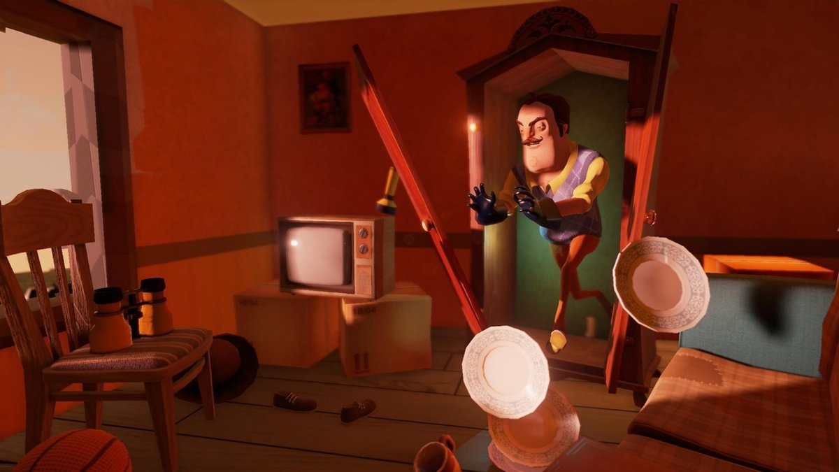 Een scène uit een videogame, een man met een snor in een huis met vallende objecten.