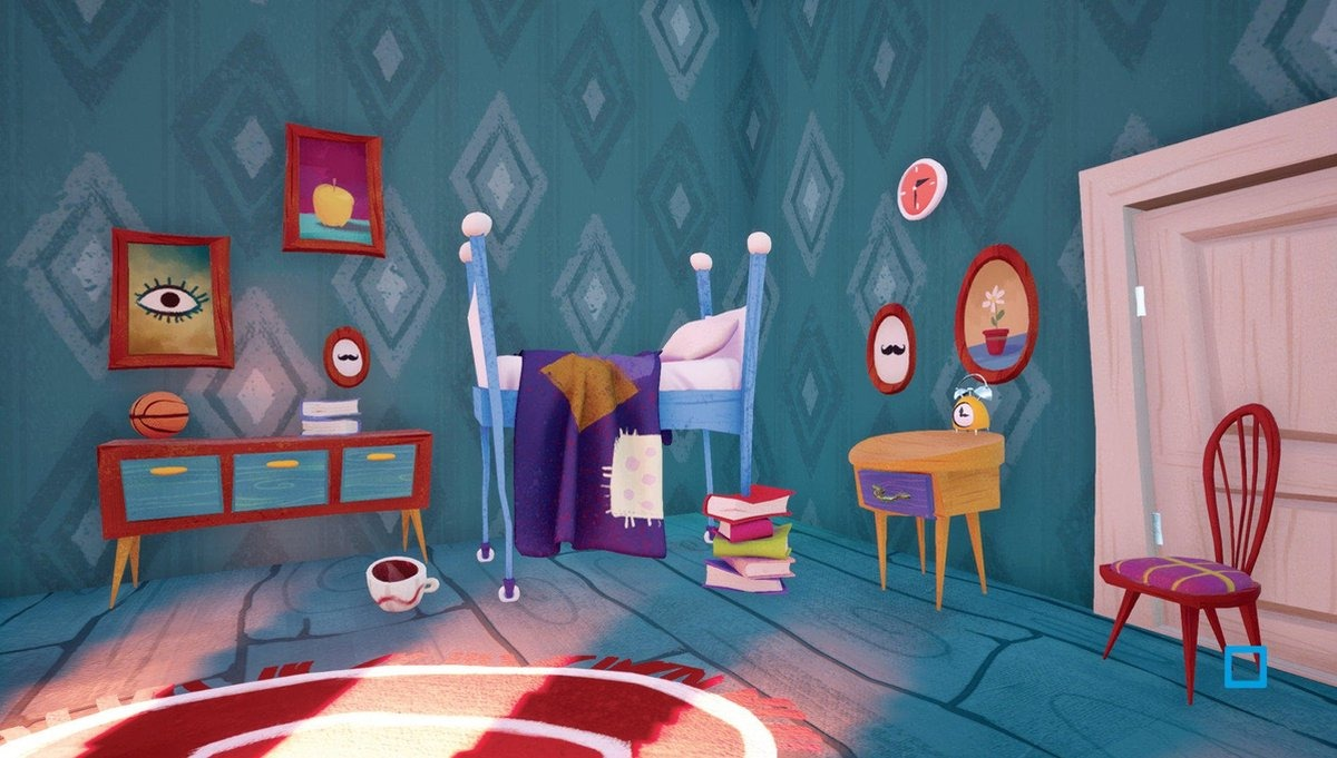 Cartoon-stijl slaapkamer met een wieg, foto's aan de muur en een kleine tafel. Blauw en paars kleurenschema.
