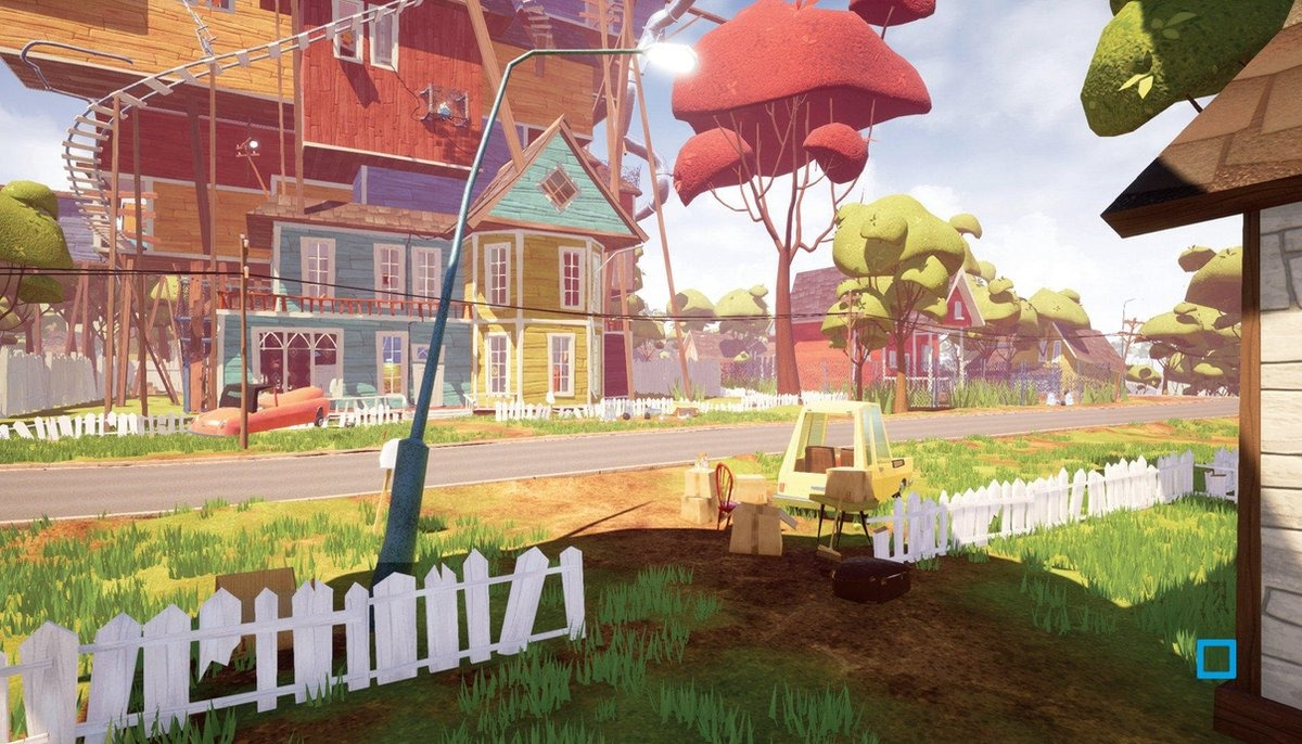 Een cartoonachtige buurtscène met huizen, bomen en een straat. Een gele auto en een witte hek zijn zichtbaar.