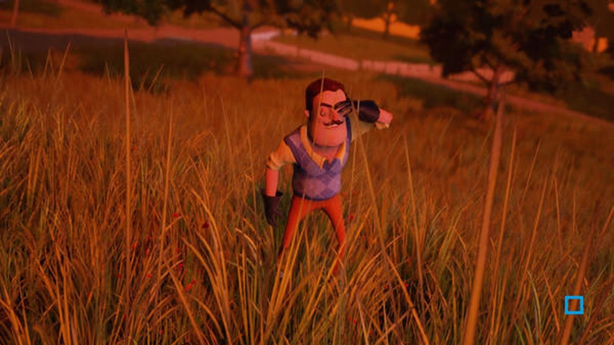 Een cartoonman in een grasveld, die iets vasthoudt.