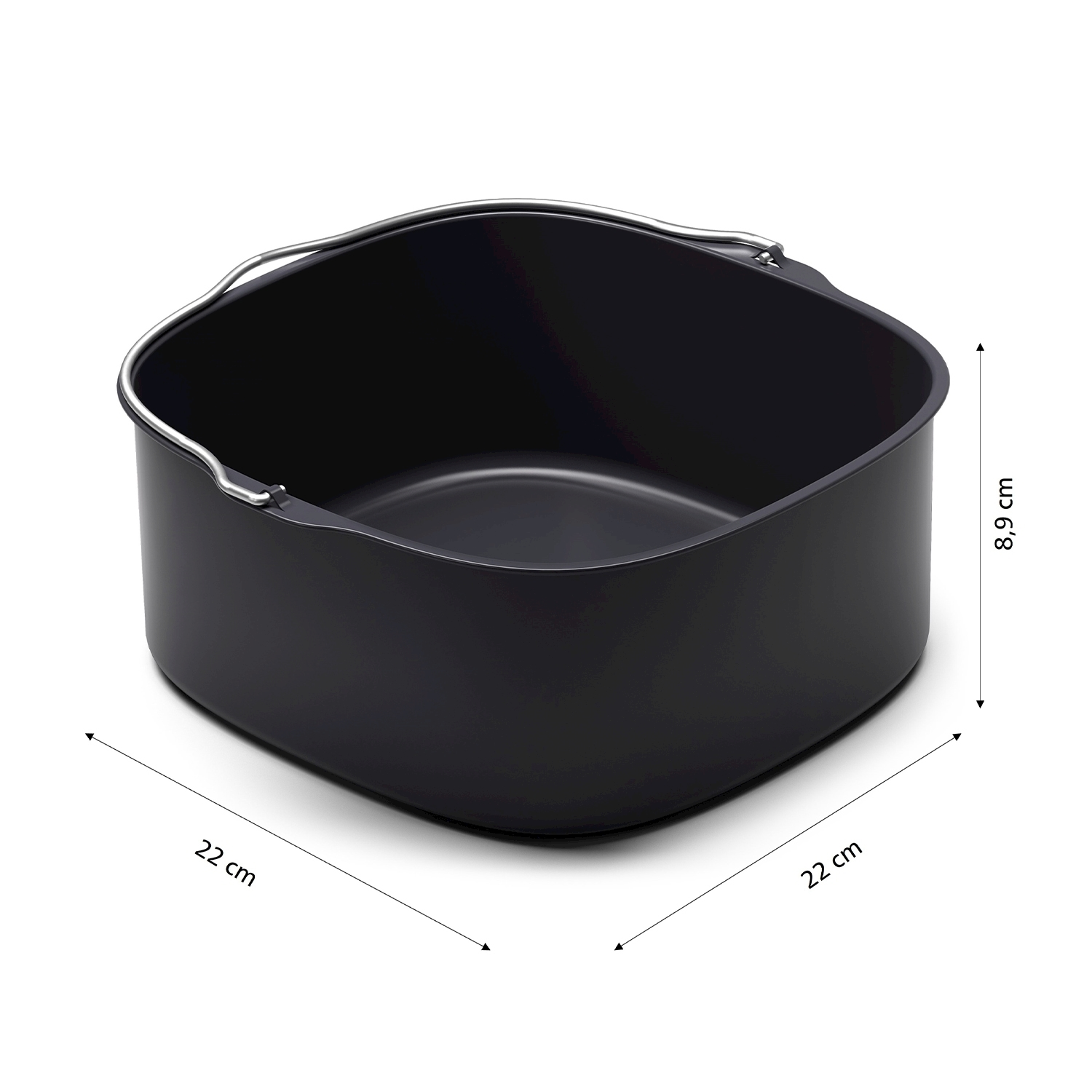 Cestello per friggitrice ad aria nero con dimensioni: 22x22cm e alto 8,9cm, su sfondo bianco.