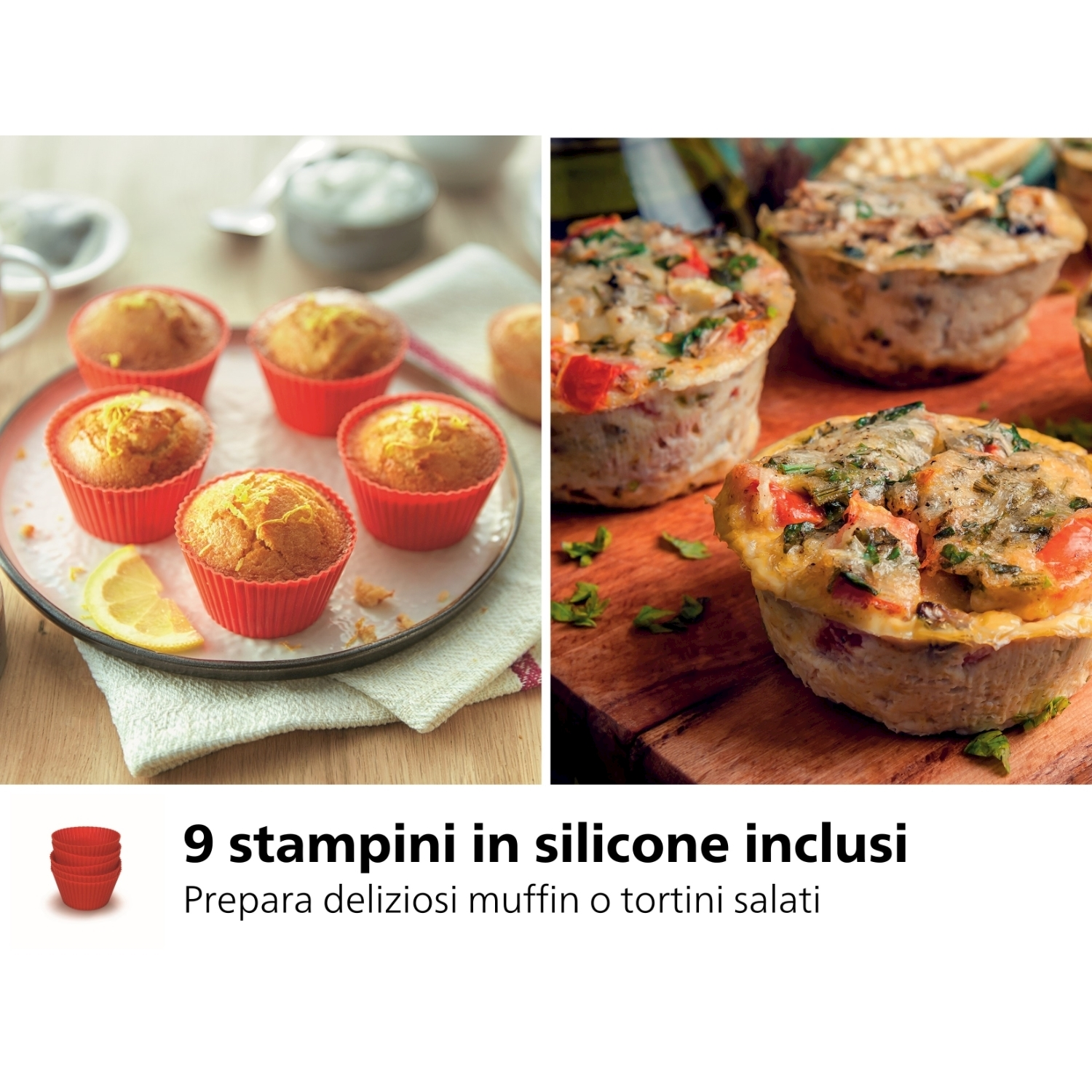 Muffin in pirottini di silicone rosso su un piatto e un tagliere, con testo.