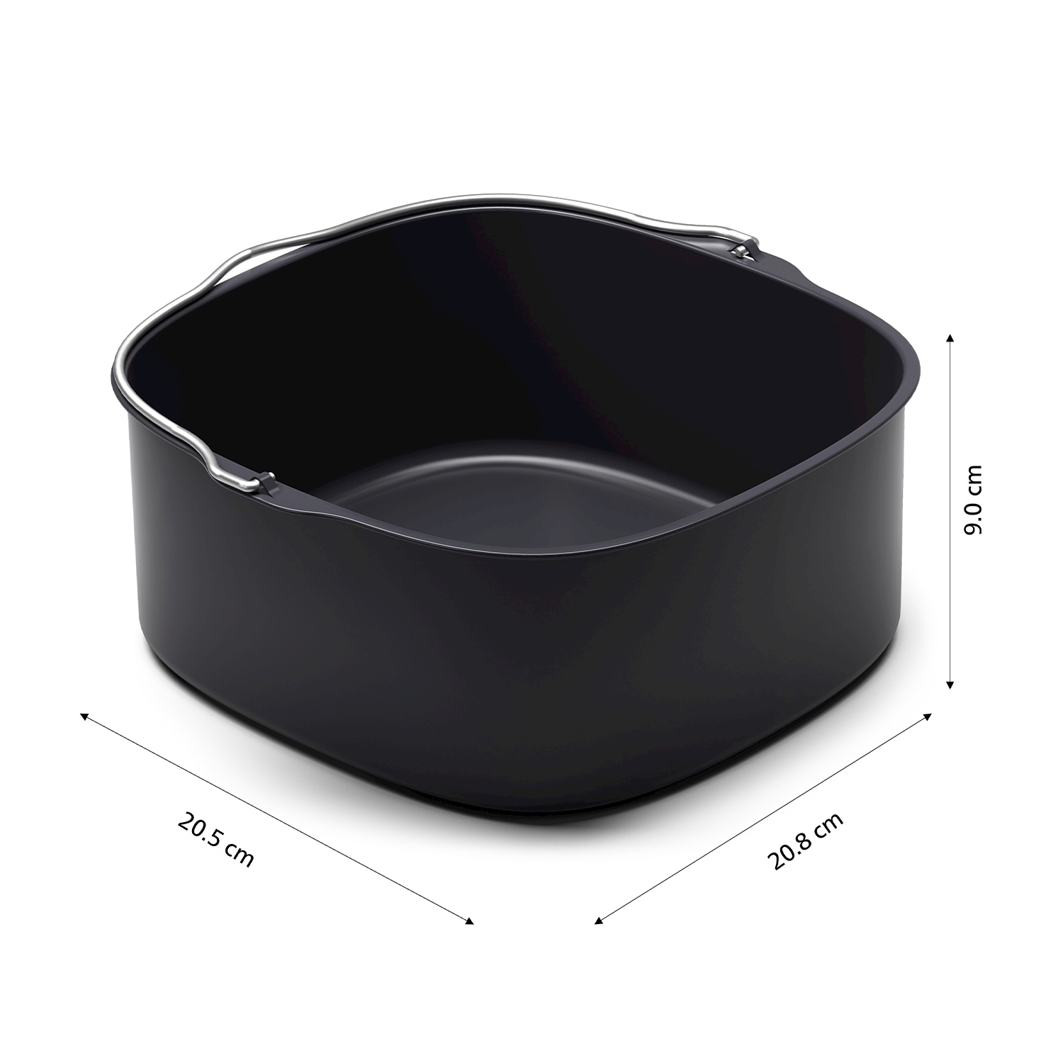 Cestello friggitrice ad aria nero con dimensioni su sfondo bianco.