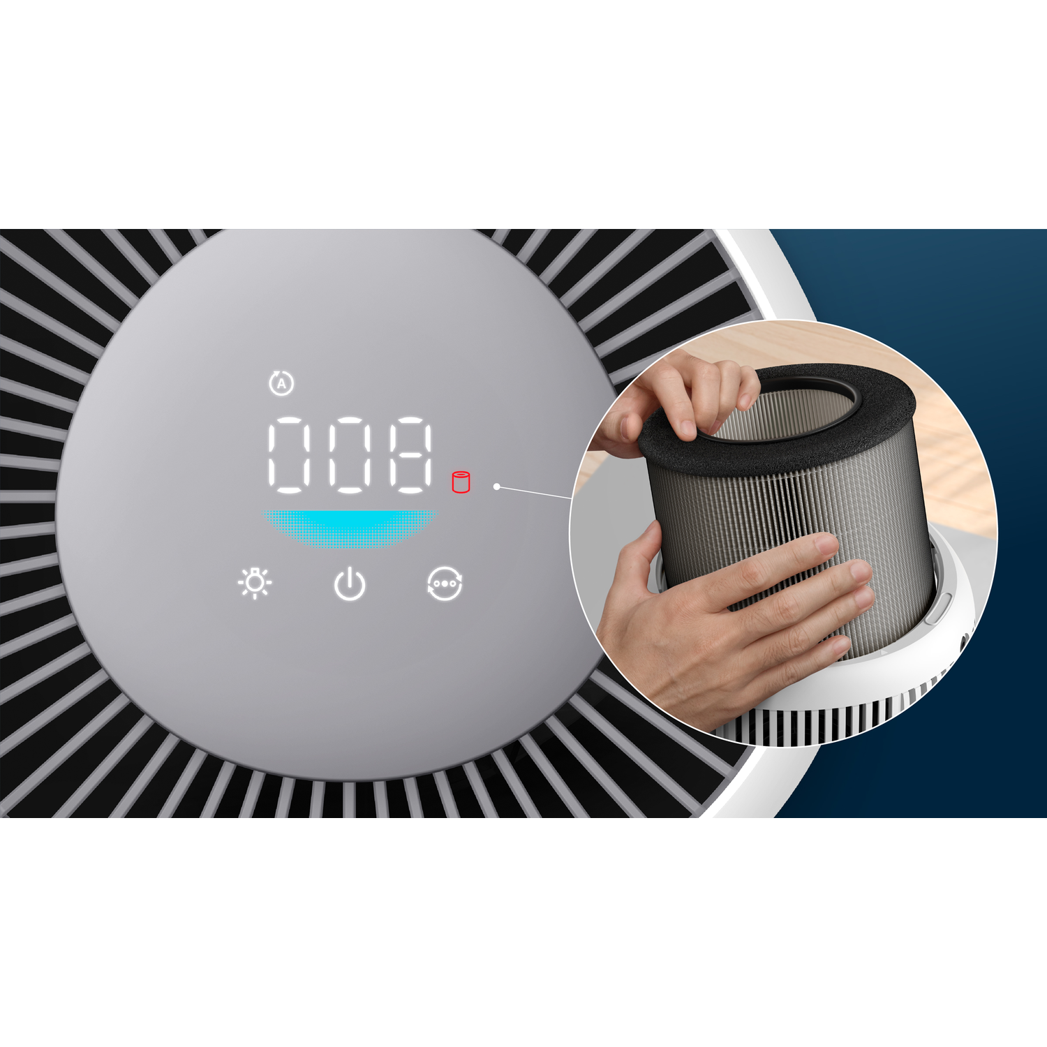 Close up of an air purifier with digital display and hand inserting a filter.