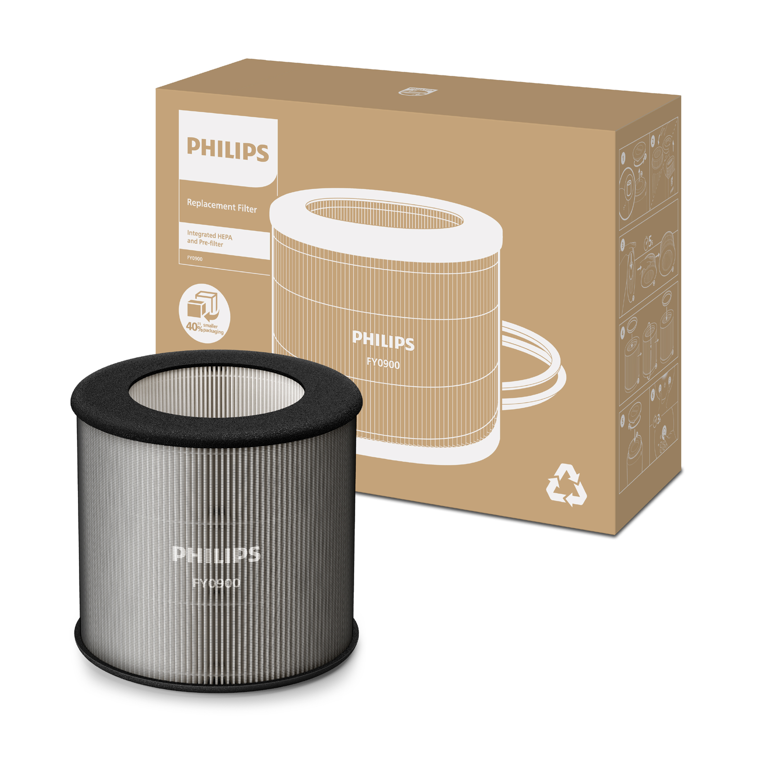 Air filter and box. Filter is cylindrical, gray with black rim. Box displays the filter.