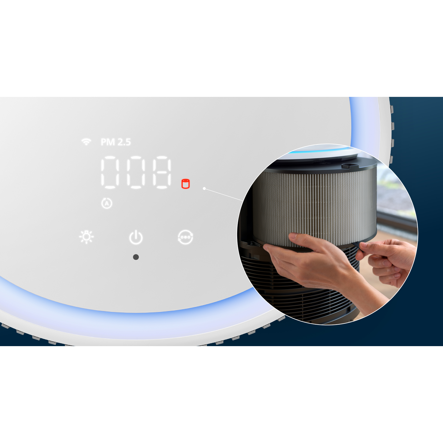 Air purifier's top, showing a digital screen and a filter. Hands are changing the filter.