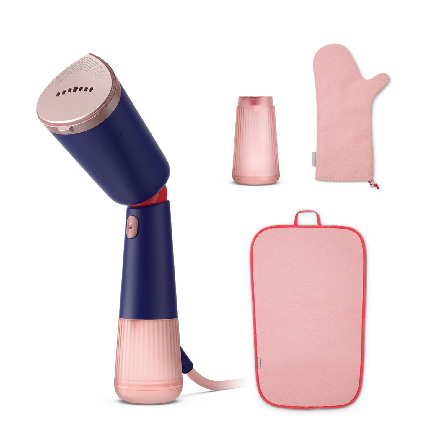 Een stoomstrijkijzer en accessoires: een waterreservoir, een want en een kledingtas. Allemaal in roze en blauw.