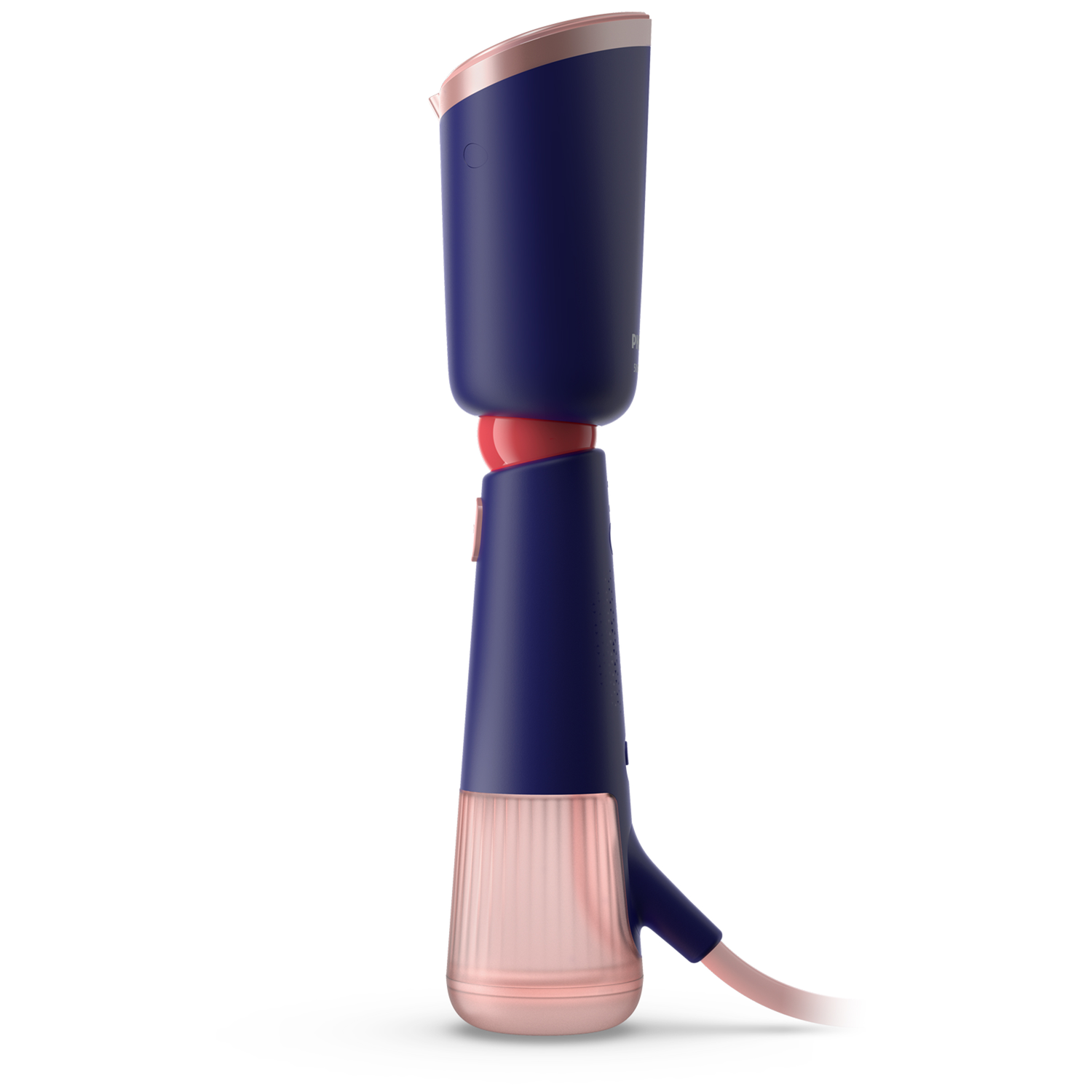 Blauwe en roze Philips handstomer met een roze netsnoer.