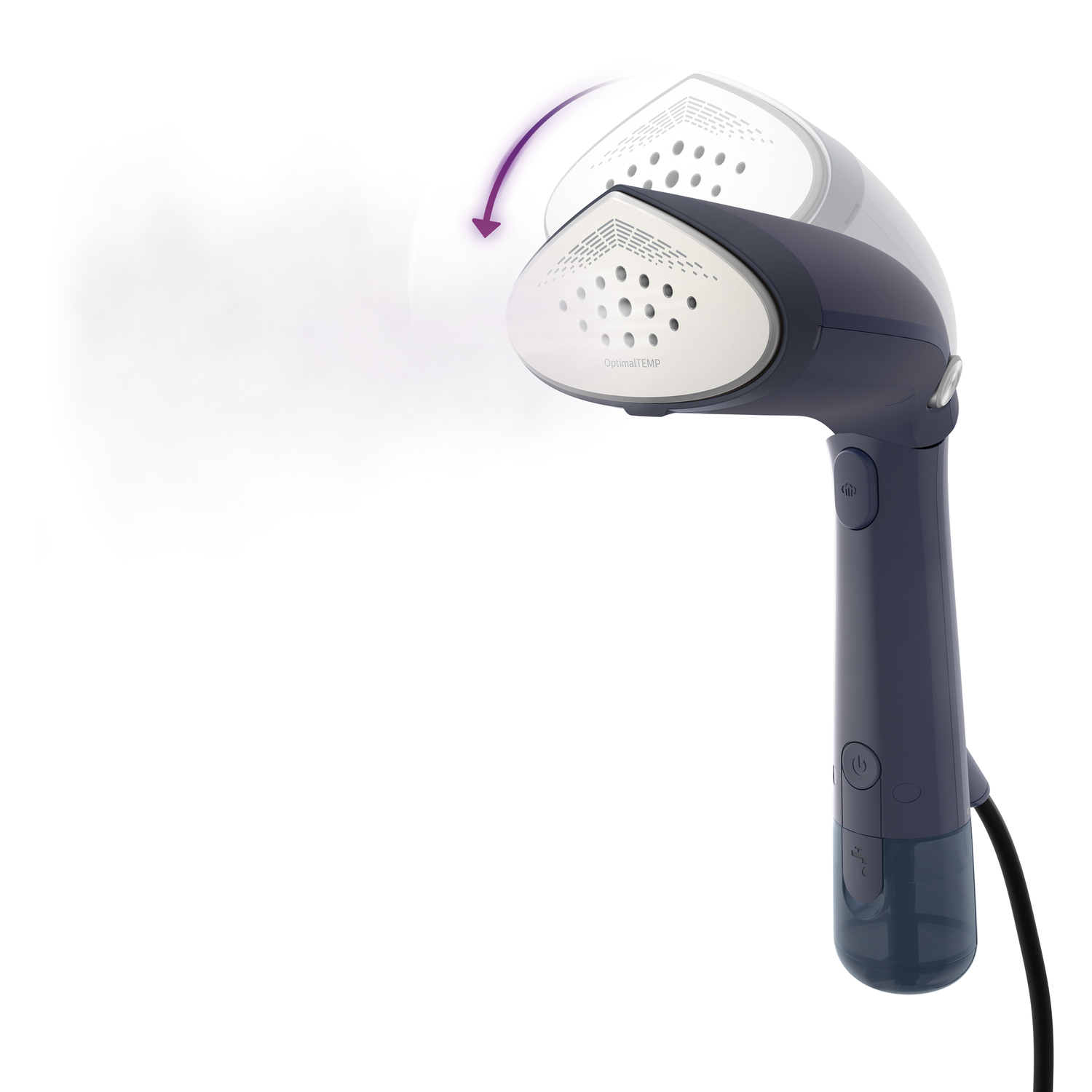 Een handheld steamer in marineblauw, schuin, stoom uitstotend, geïsoleerd op wit.