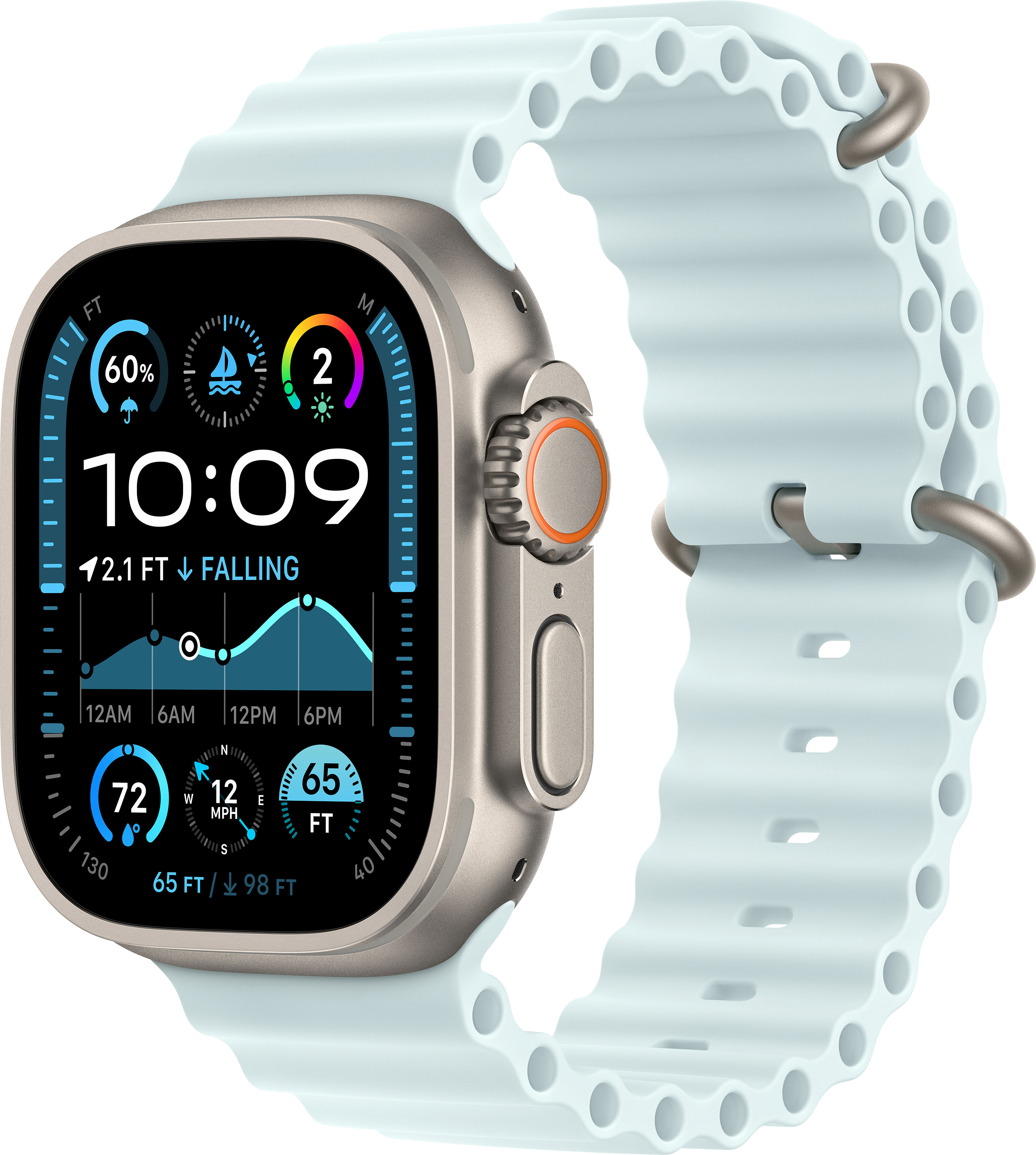 Apple Watch Ultra mit hellblauem Armband. Die Uhr zeigt verschiedene Aktivitätsdaten.