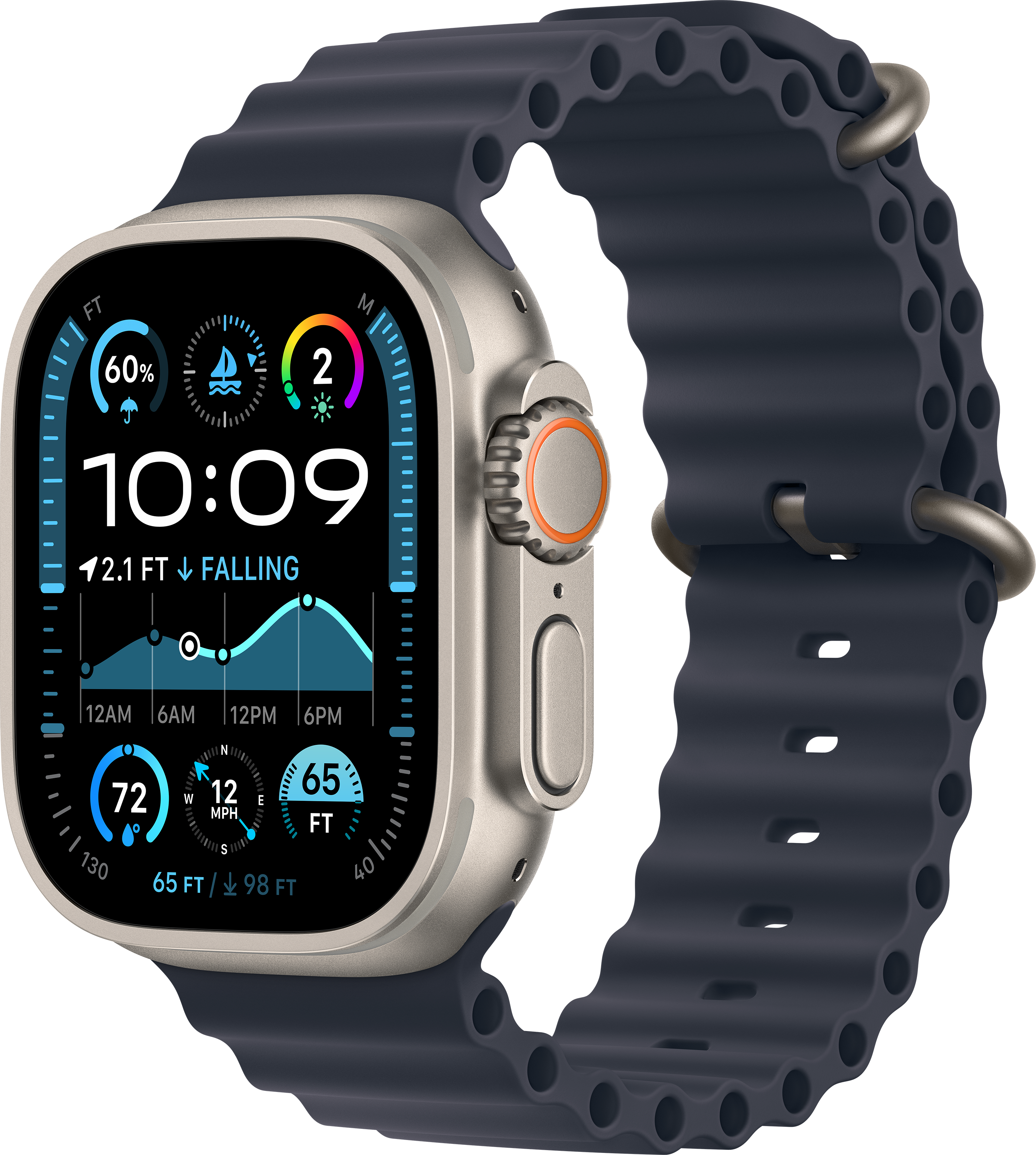 Eine silberne Apple Watch Ultra mit blauem Armband. Der Bildschirm zeigt Daten, einschließlich Zeit und Diagramme.