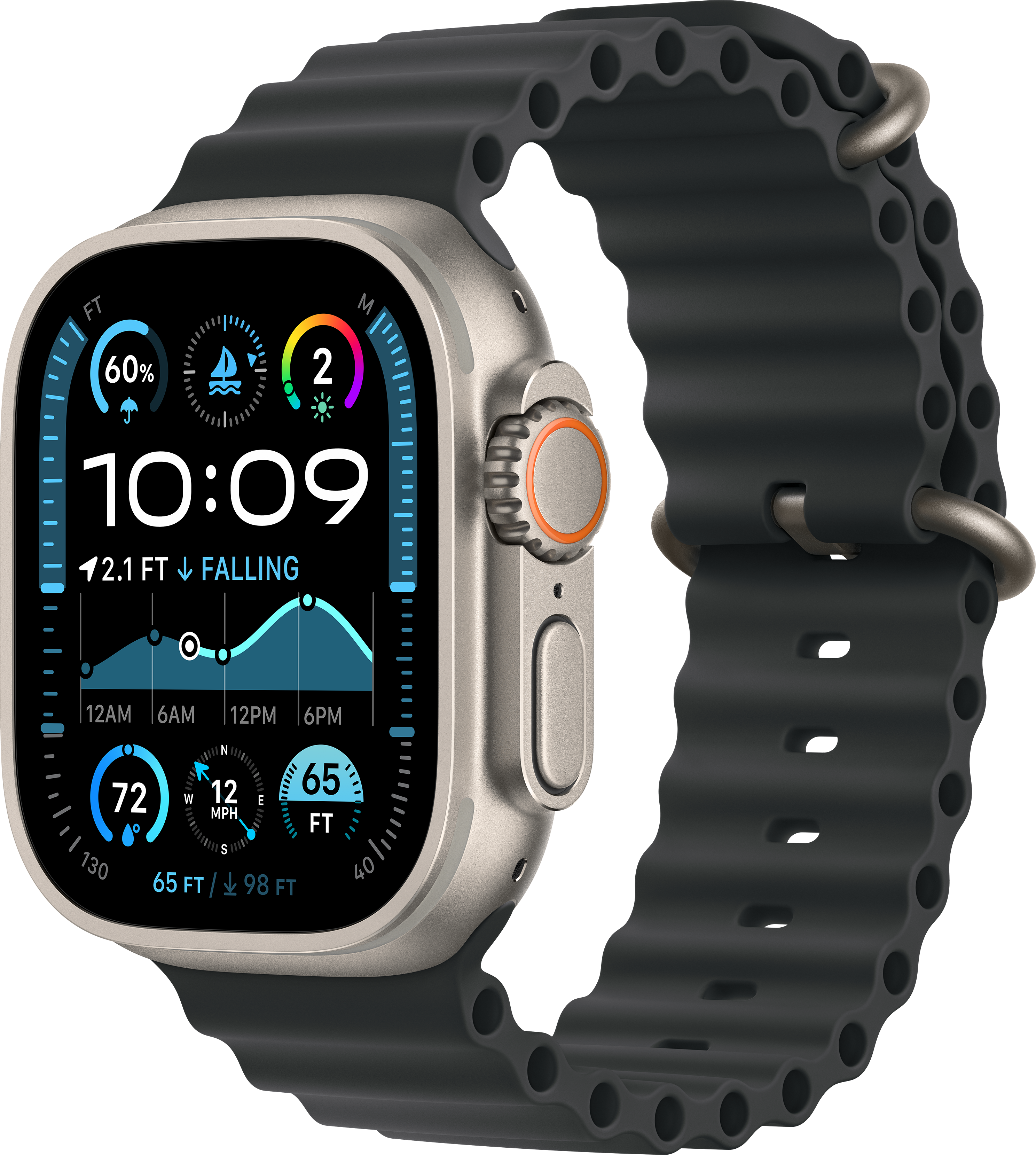 Silberne Apple Watch Ultra mit schwarzem Armband, das Zifferblatt mit Daten anzeigt.