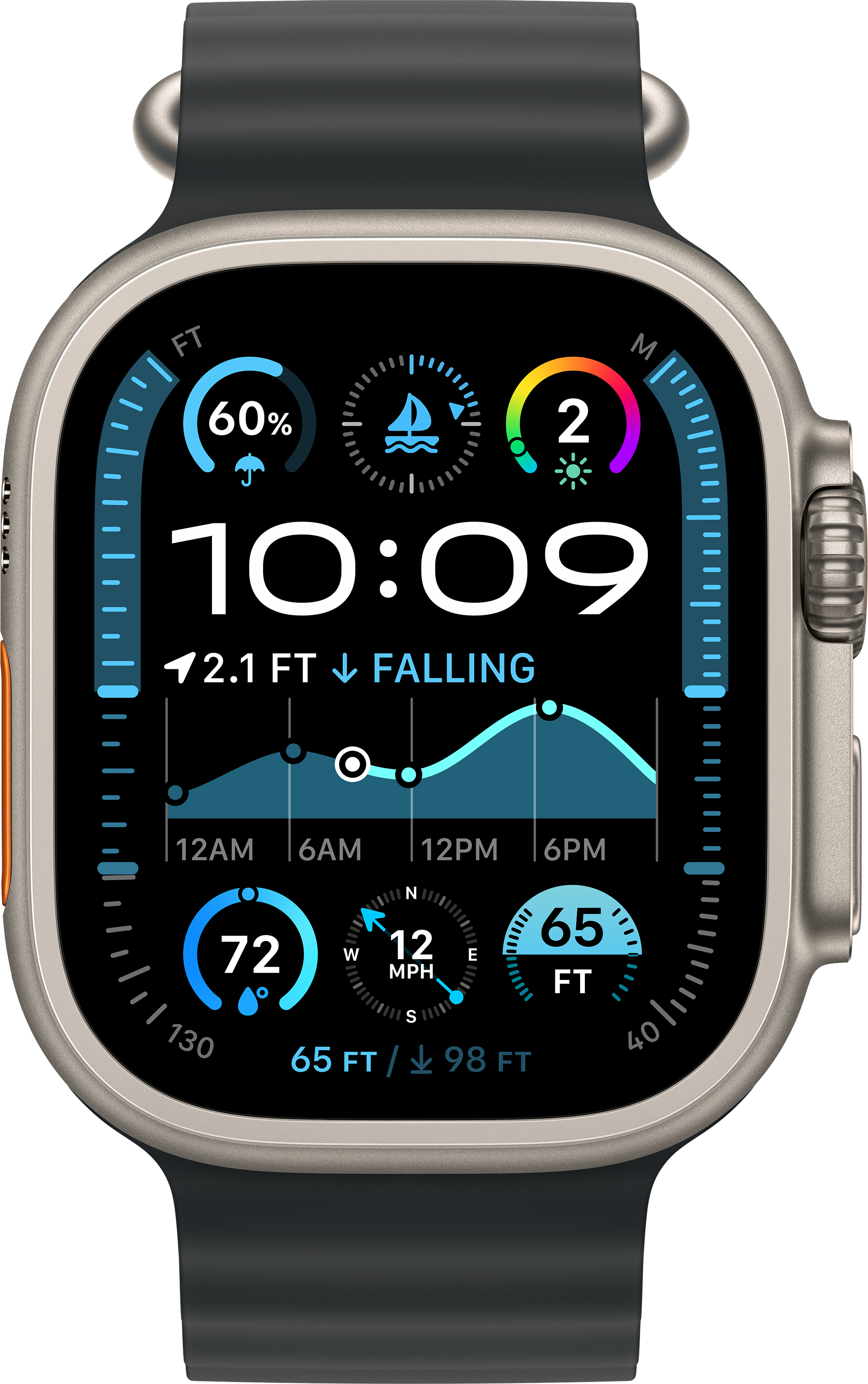 Apple Watch Ultra mit schwarzem Armband, zeigt verschiedene Metriken an.