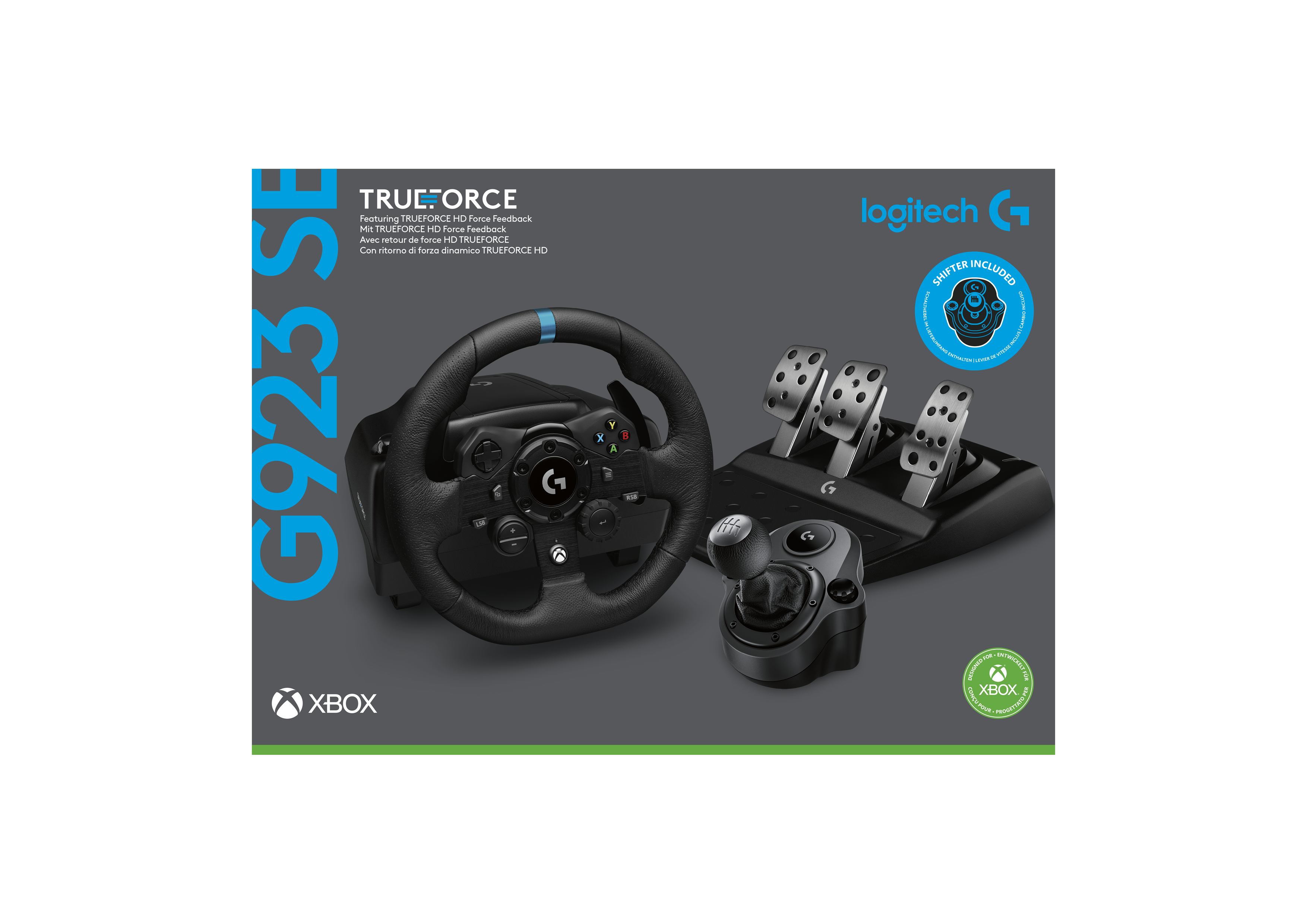 Juego de volante Logitech G923 SE, incluye pedales y palanca de cambios.