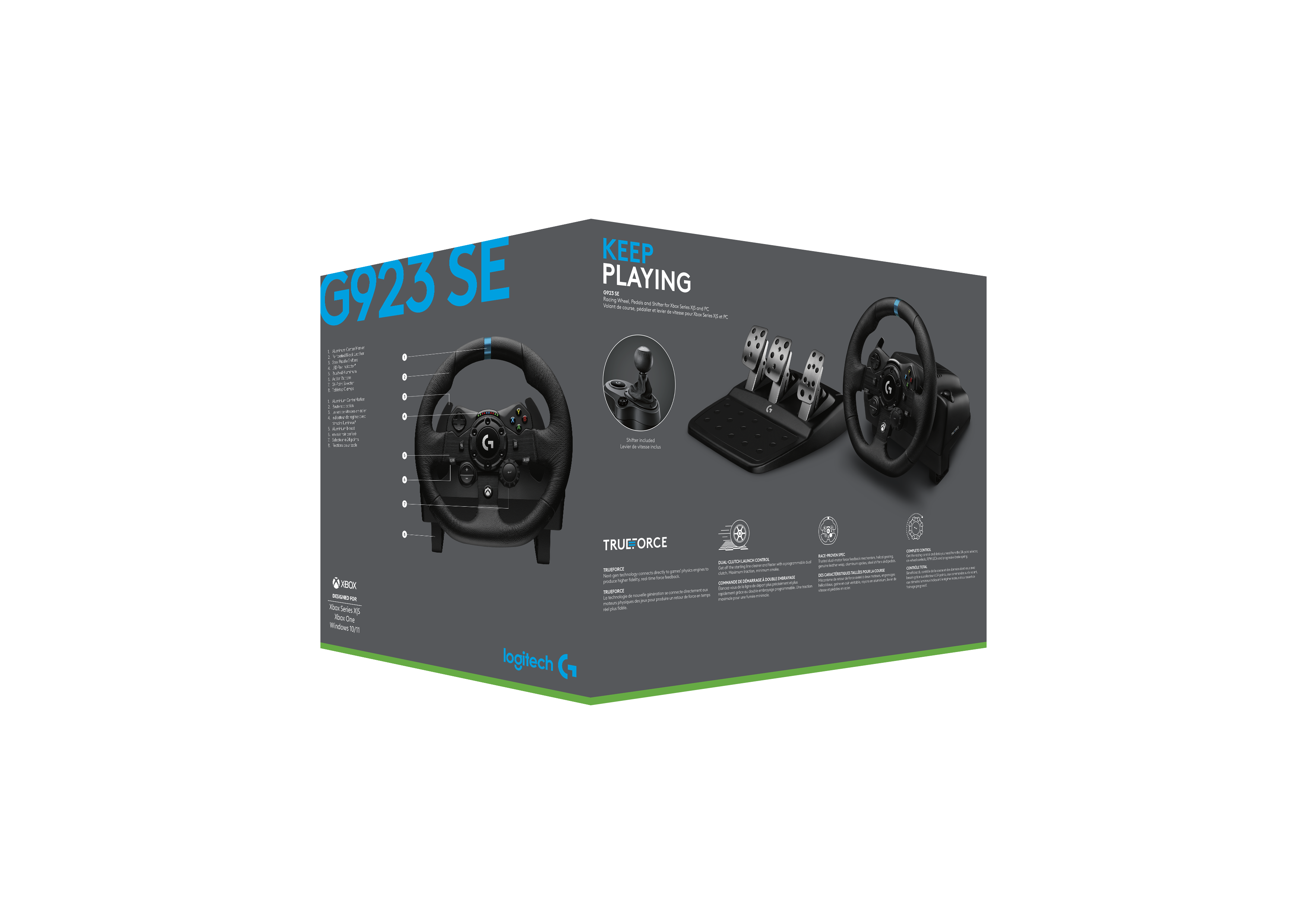Juego de volante de carreras Logitech G923 SE en su embalaje.