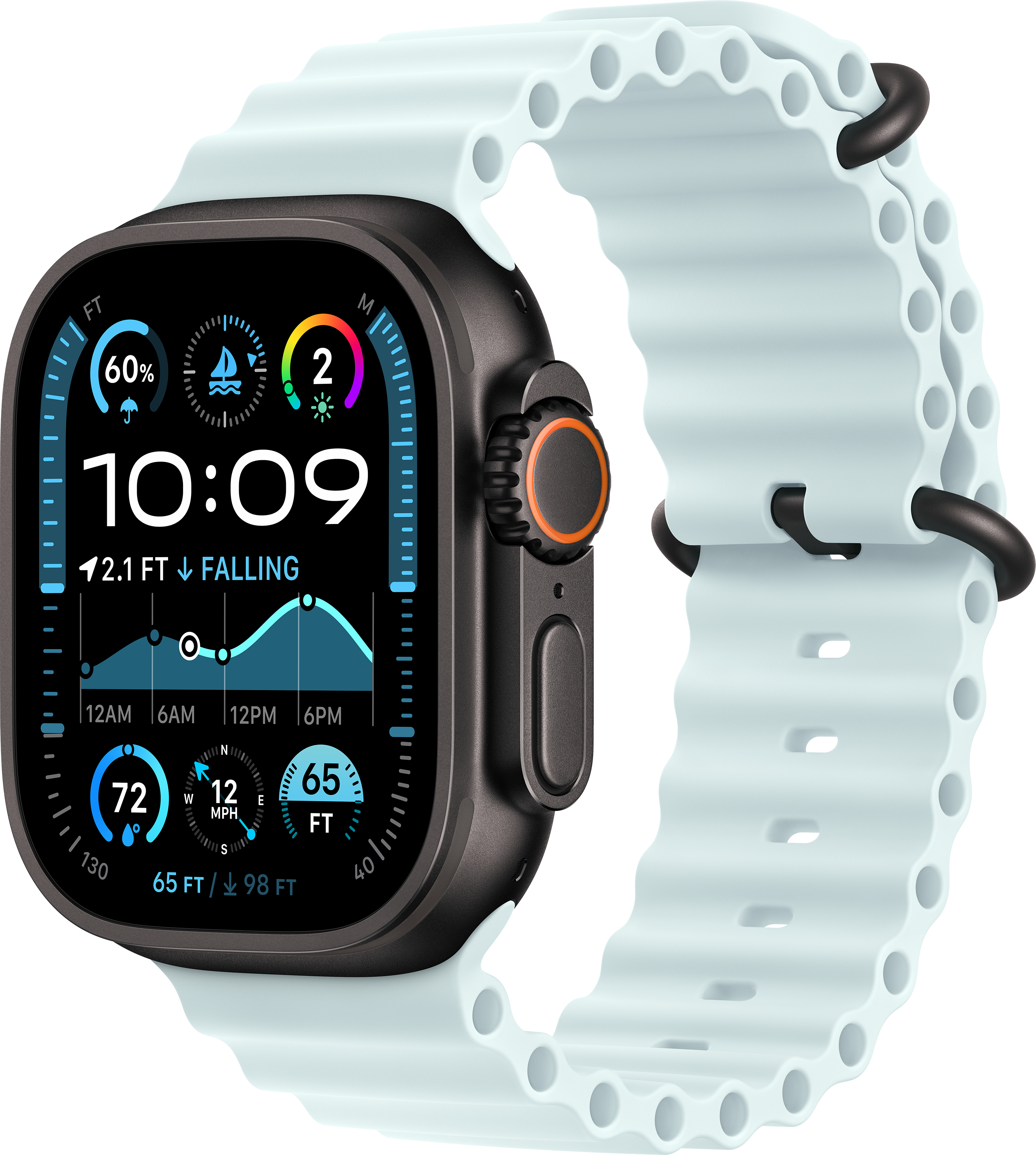 Schwarze Apple Watch Ultra mit weißem Armband, zeigt dynamische Daten an.