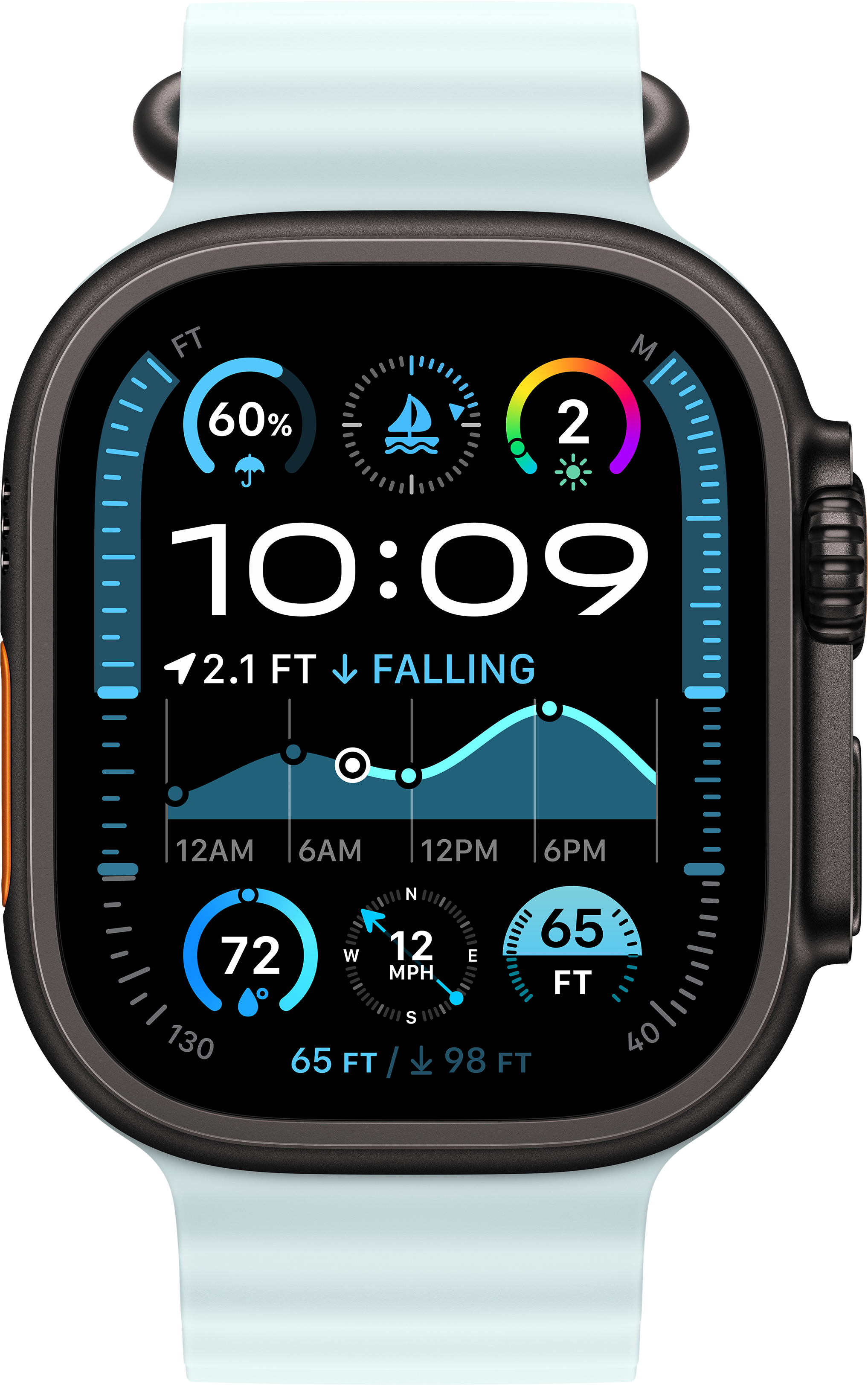 Apple Watch Ultra mit blauem Armband, zeigt Daten wie Zeit, Gezeiten und Wetter.