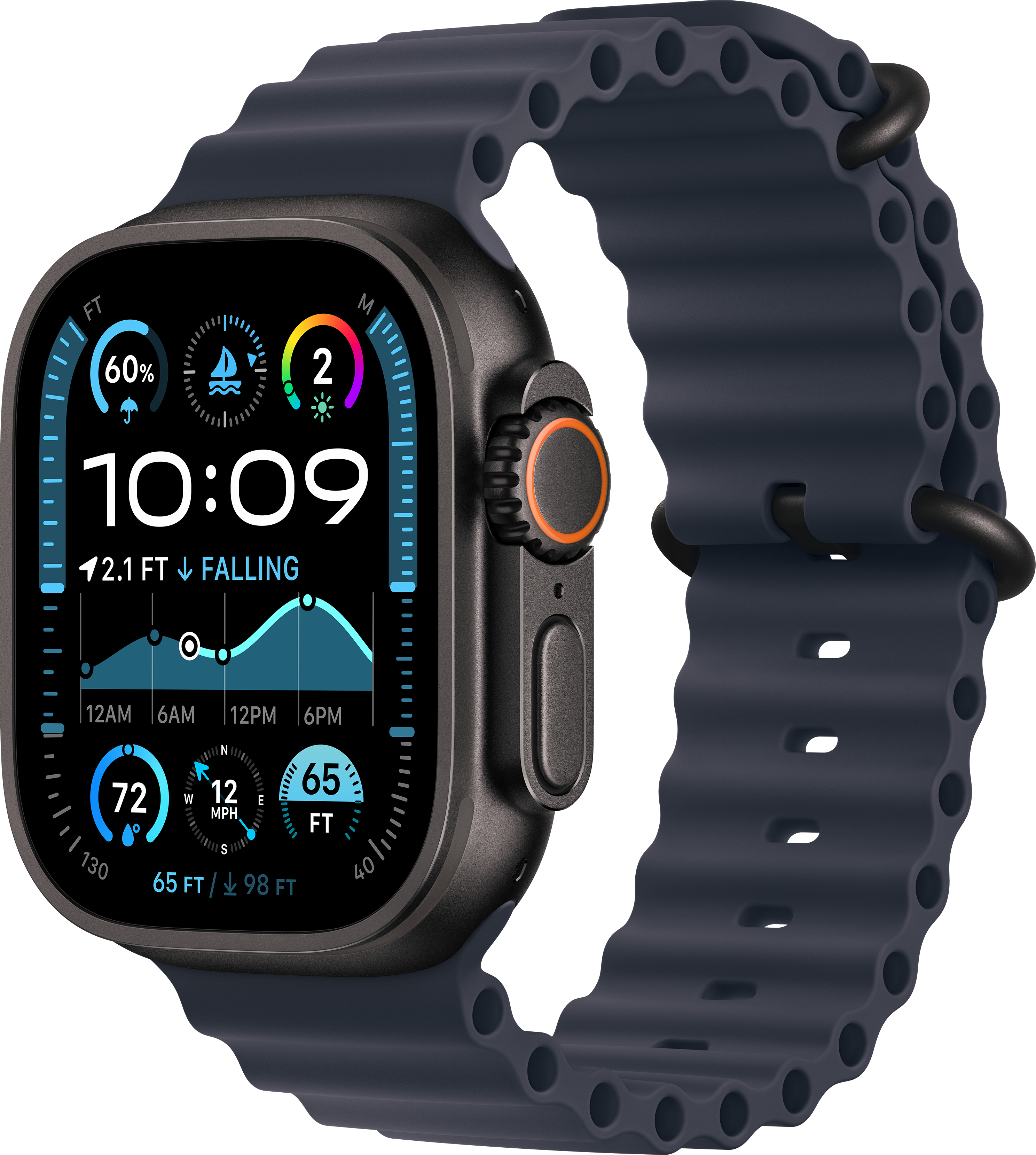 Dunkelgraue Smartwatch mit dunkelblauem Armband, die Zeit und Daten anzeigt. Orangefarbene Taste.