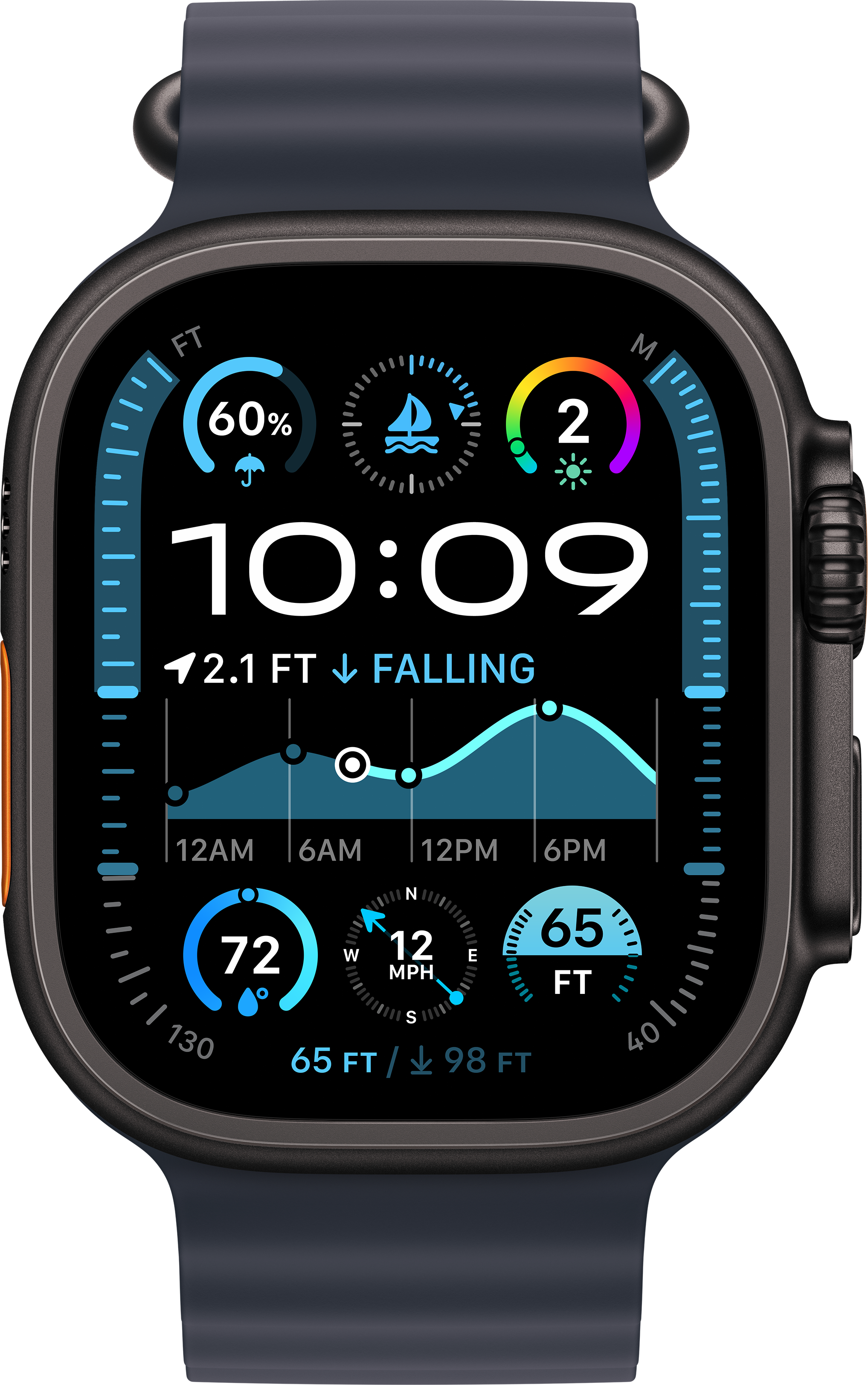 Eine dunkelblaue Apple Watch Ultra mit detailliertem Ziffernblatt, das Infos anzeigt.