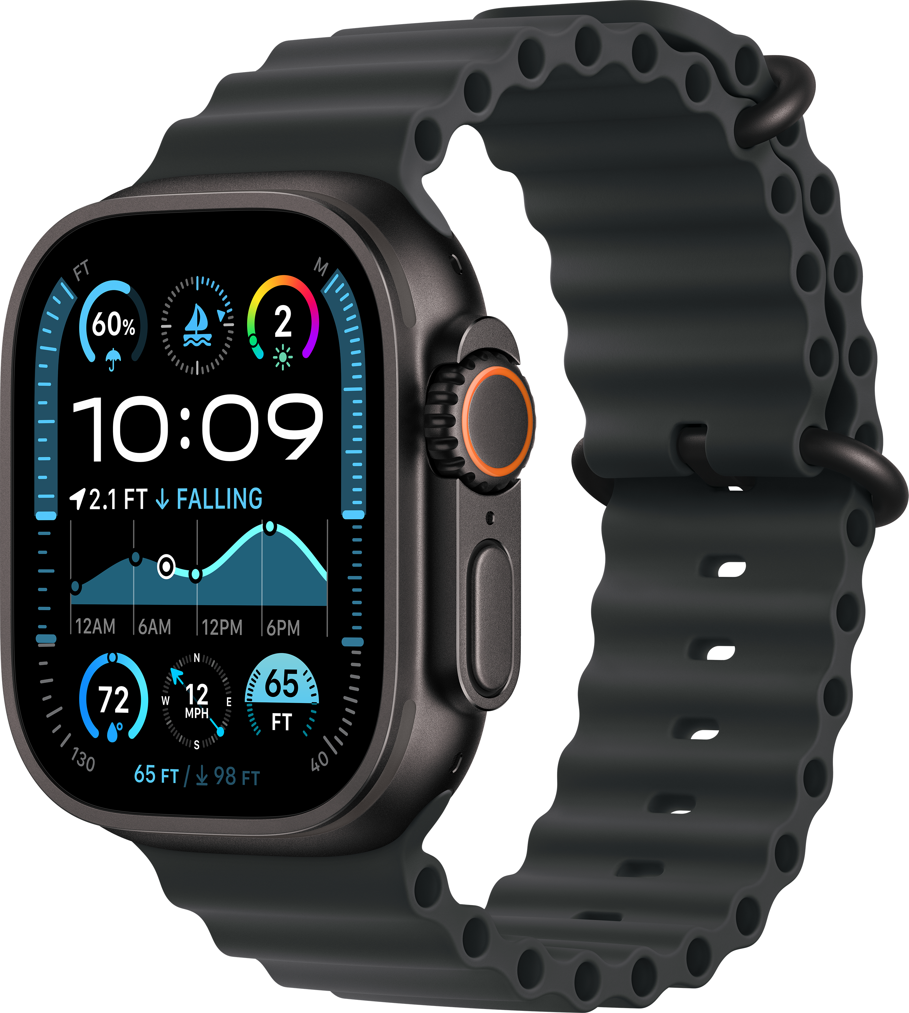 Schwarze Apple Watch Ultra mit digitaler Anzeige, die verschiedene Daten anzeigt.