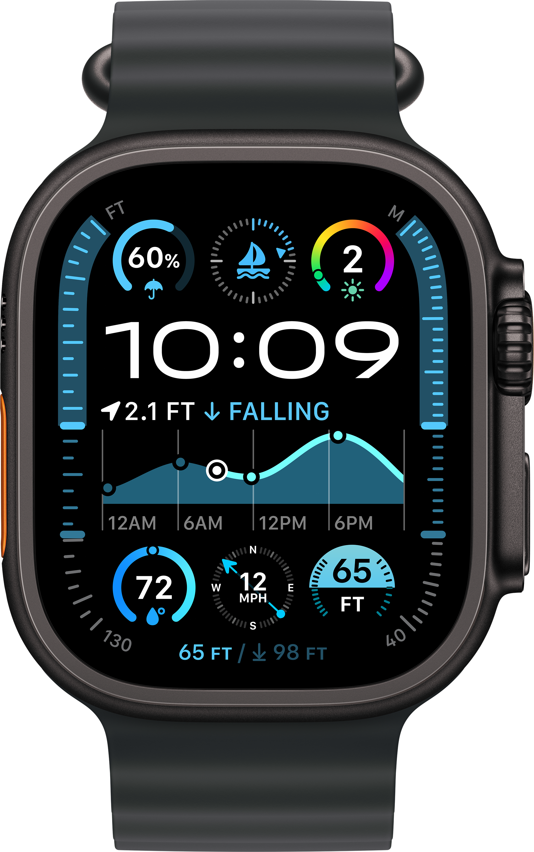 Schwarze Smartwatch mit Wetteranzeige. Zeigt Uhrzeit, Gezeitendiagramm und andere Metriken.