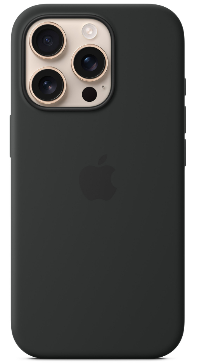 Czarny futerał na telefon z obiektywami aparatu i logo Apple. Białe tło.